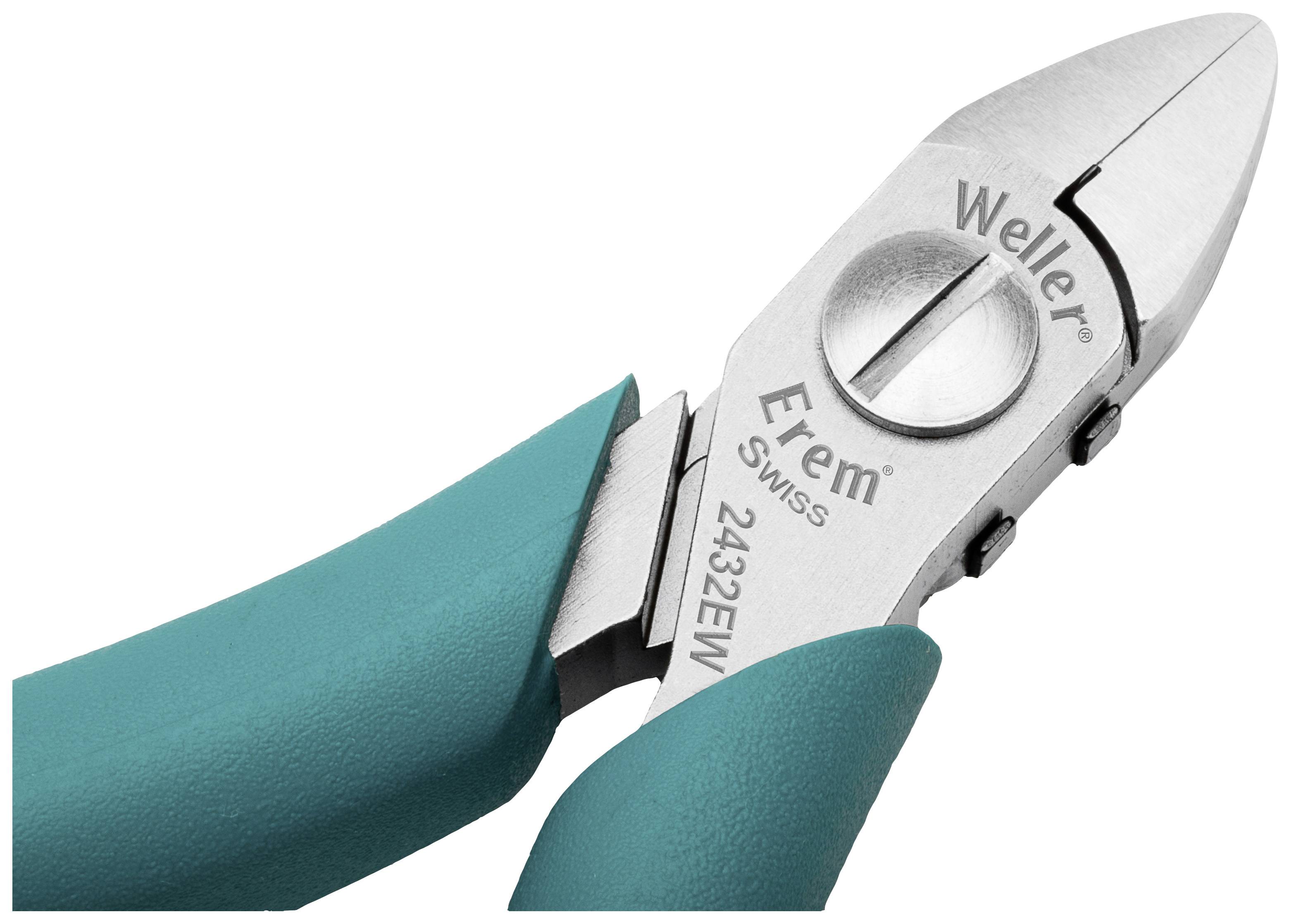 Zange mit türkisfarbenen Griffen, Metalloberfläche mit Aufschrift 'Weller Erem SWISS 2432EW', geeignet zum Schneiden von Draht.