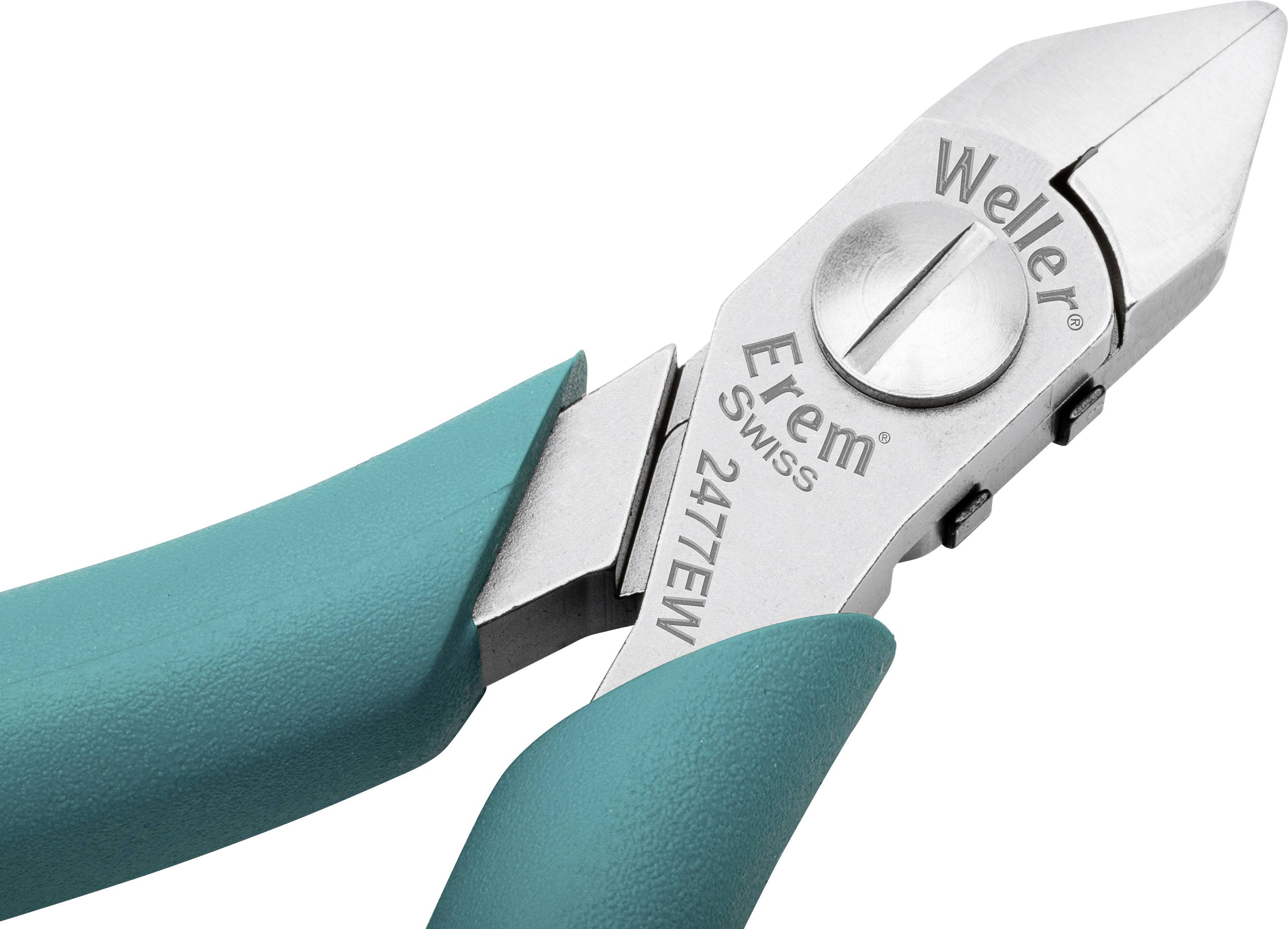 Zange mit grünen Griffen, silberner Schneide und Markenaufschrift 'Weller Erem Swiss 2477E'.