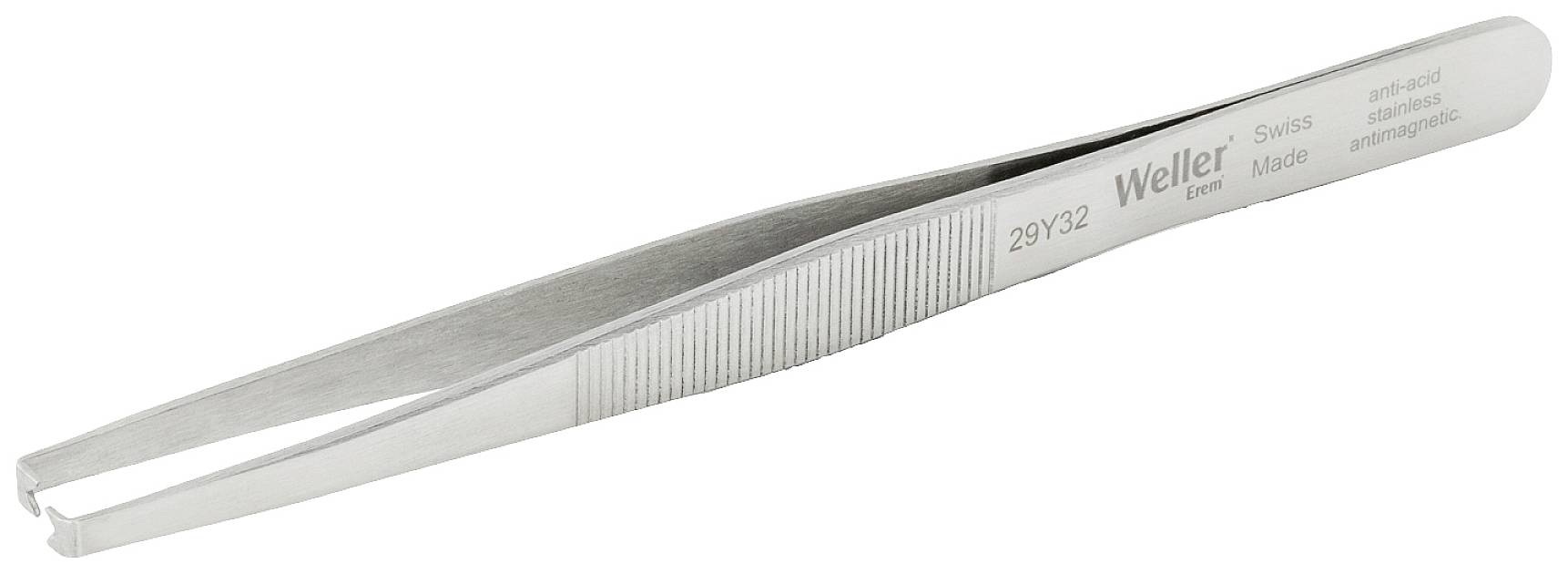 Metallpinzette in Edelstahloptik mit geriffeltem Griffbereich, Marke 'Weller', geeignet für Präzisionsarbeiten.