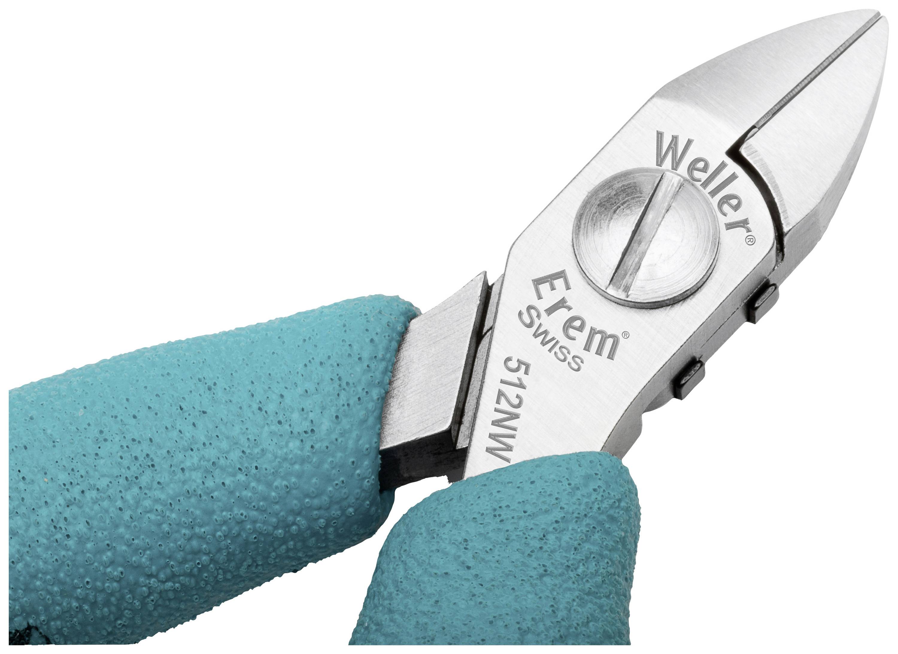 Nahaufnahme einer blauen Zange mit metallischer Schneidfläche. Auf der Zange steht 'Weller Erem Swiss 512NW'.