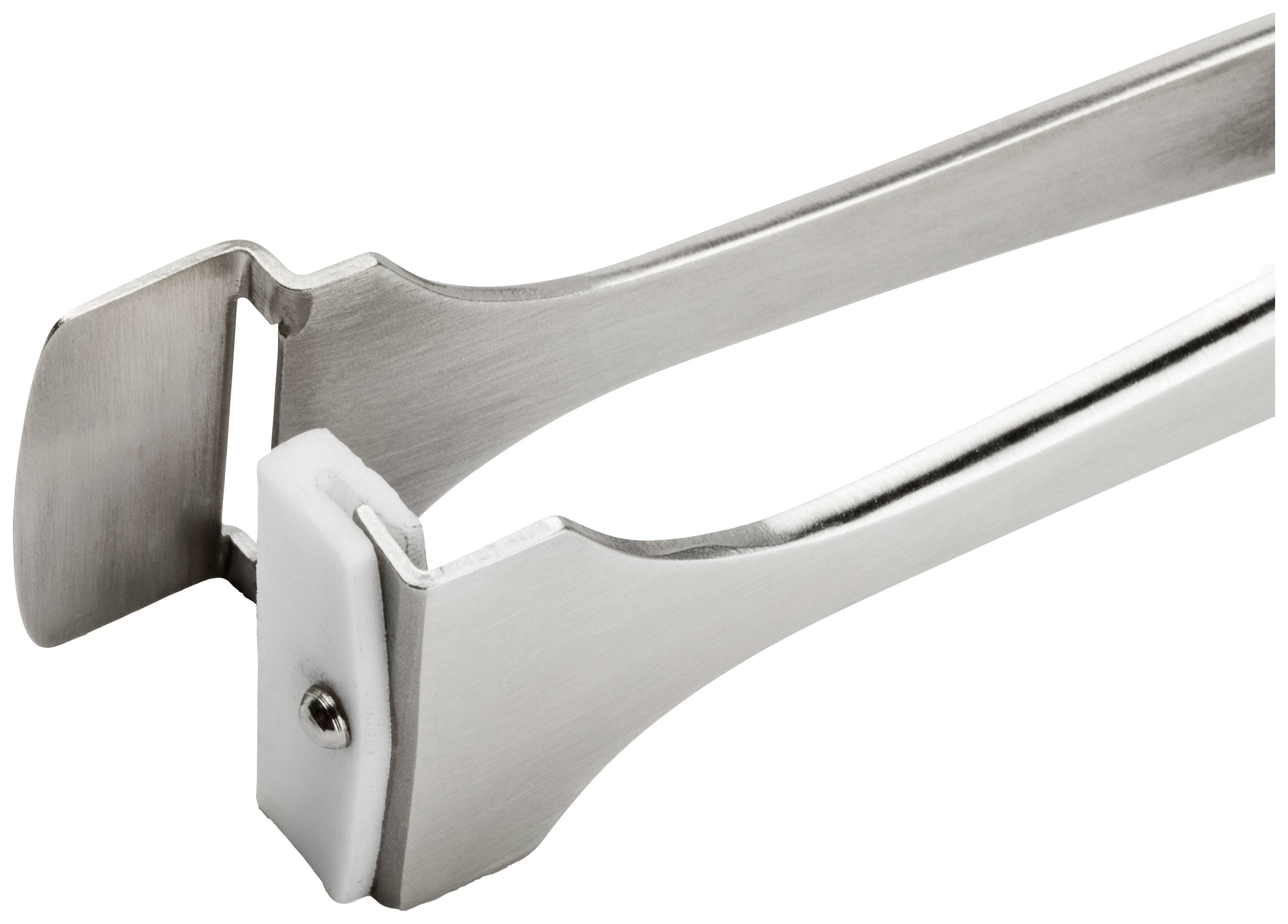 Metallische Pinzette mit einer weißen Kunststoffspitze, geeignet für präzise Handhabung kleiner Teile oder empfindlicher Materialien.