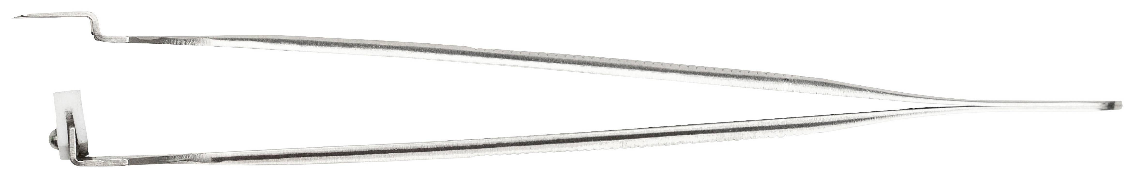 Lange Silberpinzette mit gebogener Spitze, oft in medizinischen oder wissenschaftlichen Anwendungen verwendet.