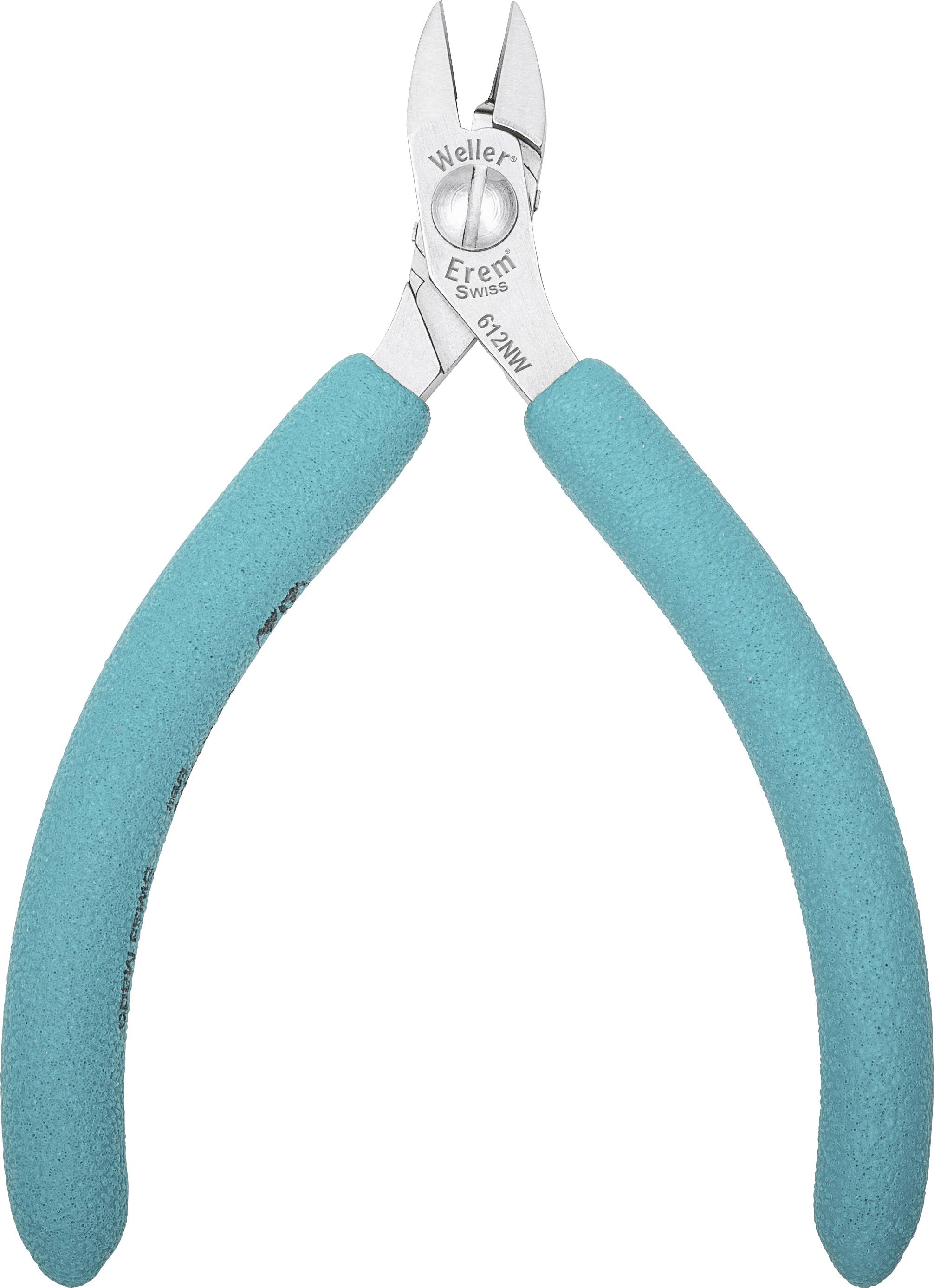 Eine blaue Seitenschneiderzange mit der Aufschrift 'Weller Erem Swiss'.
