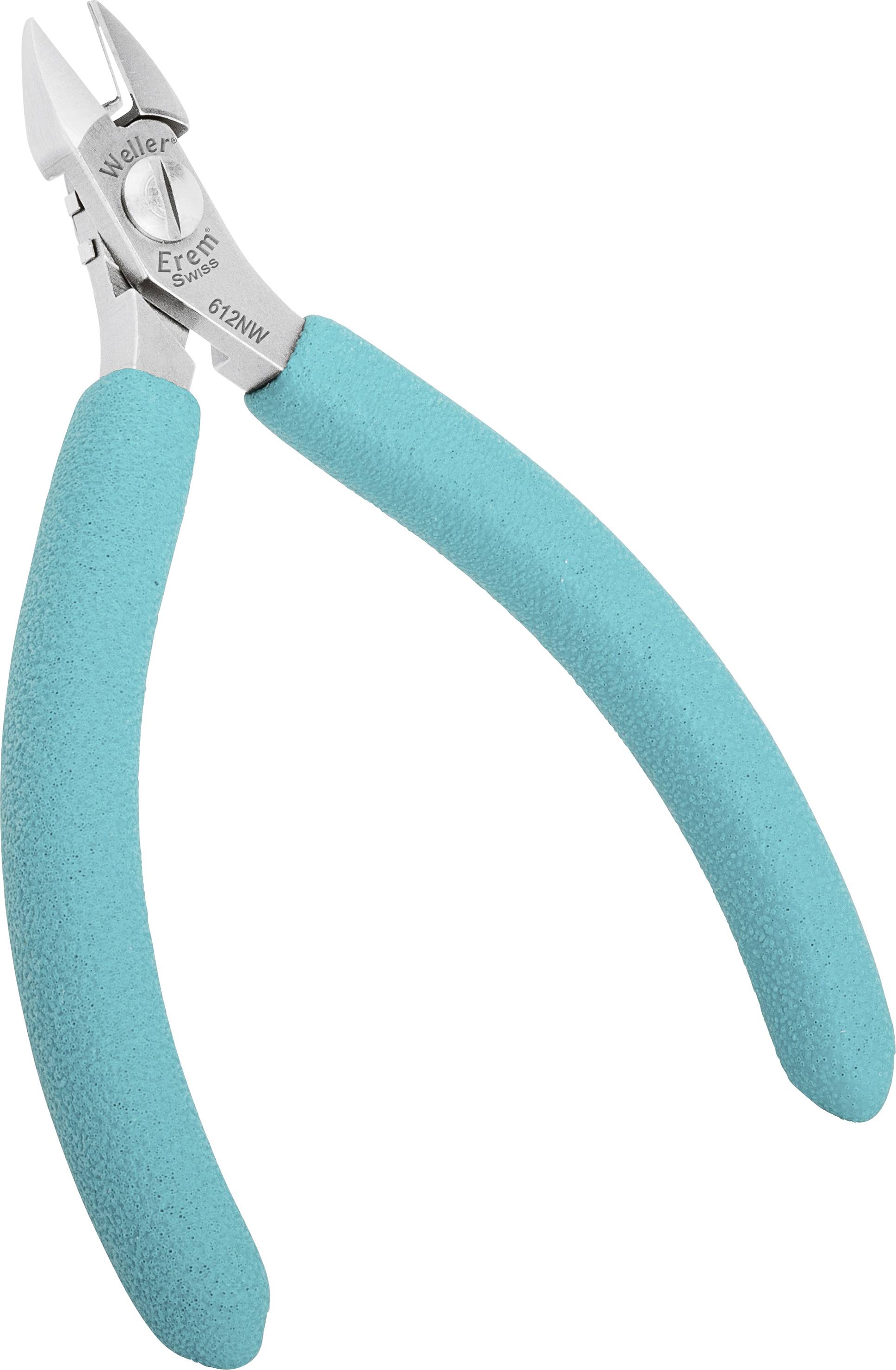 Kleine blaue Seitenschneiderzange mit silberner Schneide, geeignet für präzises Schneiden von Drähten in elektronischen Anwendungen.