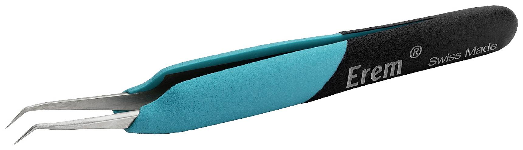 Pinzette mit gebogener Spitze, schwarz-türkises Design, Marke 'Erem', Aufschrift 'Swiss Made'. Verwendet für präzise Arbeiten.