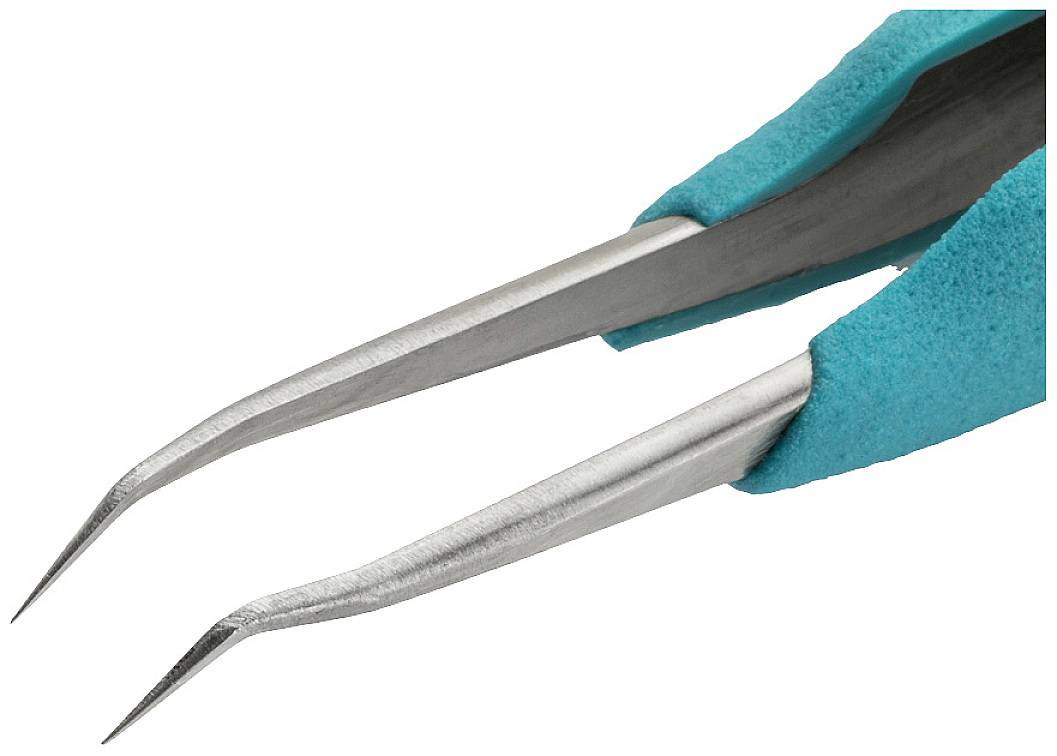 Ein Paar Metallpinzetten mit blauen Griffen, die leicht gebogen sind. Sie eignen sich für präzise Arbeiten oder das Greifen kleiner Objekte.