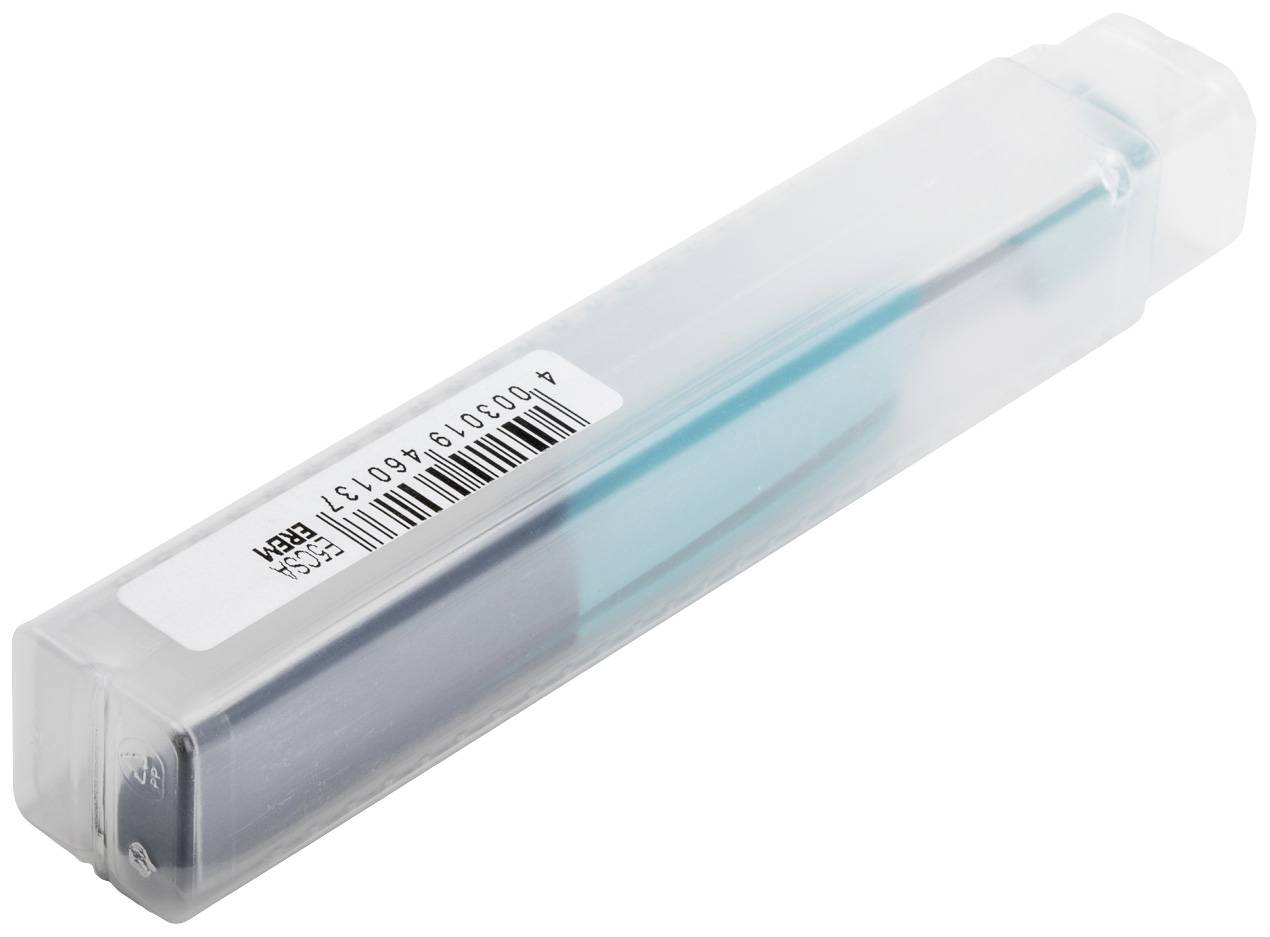 Transparente Kunststoffverpackung mit einem darin befindlichen blauen Kugelschreiber. Aufkleber mit Barcode und Artikelnummer an der Seite.