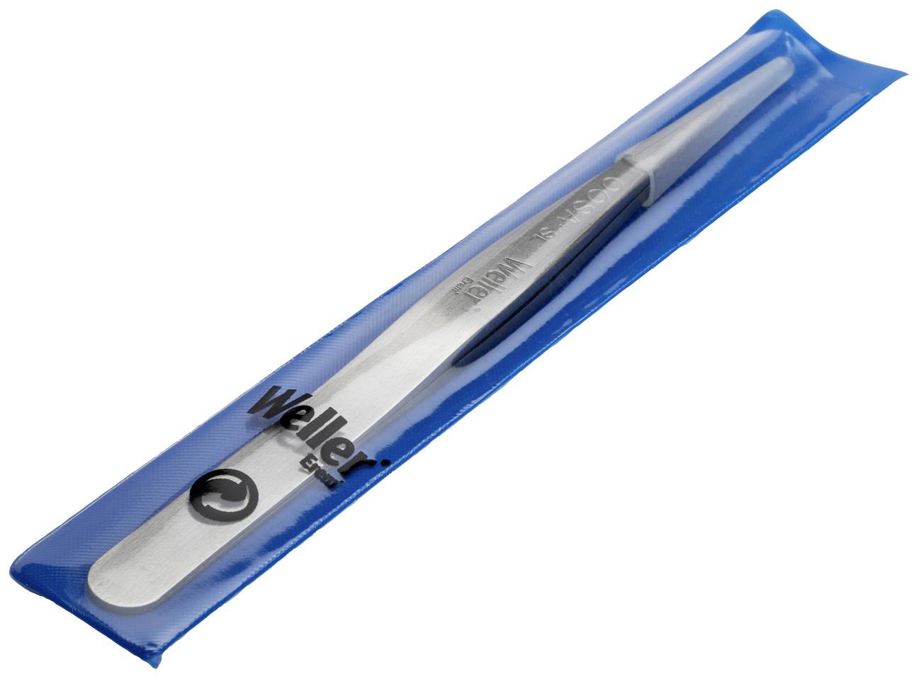 'Weller' Edelstahlpinzette in blauer Verpackungshülle, spitz zulaufend, für präzises Arbeiten in Elektronik oder Feinmechanik.