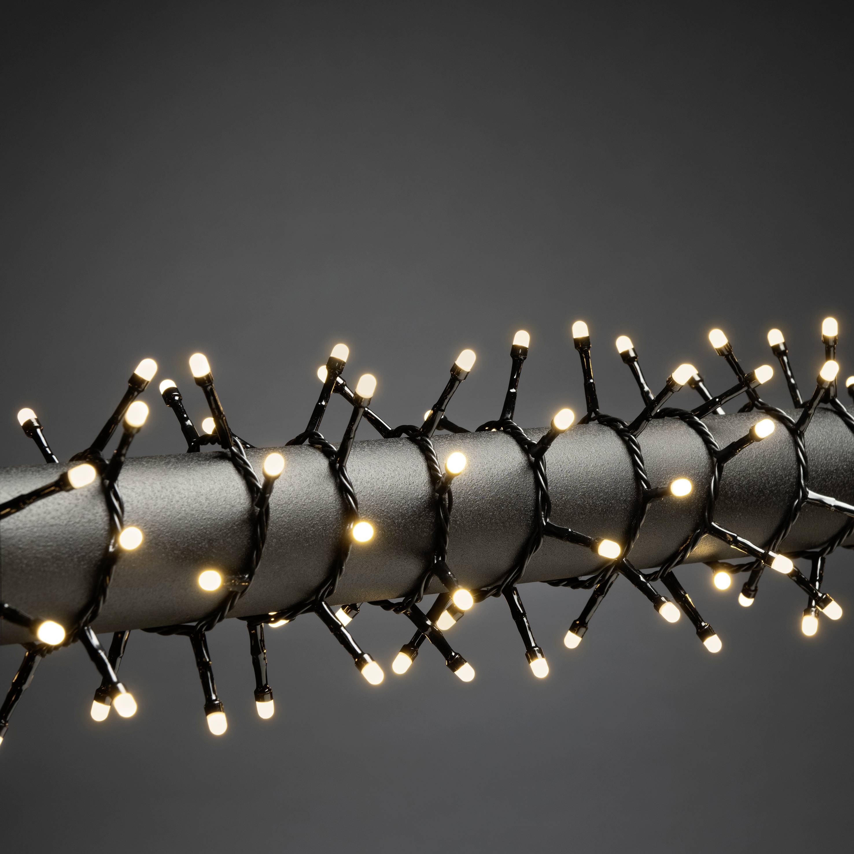 Lichterkette mit kleinen warmweißen LEDs ist um einen dunklen Ast gewickelt. Die Lichter erzeugen eine festliche Stimmung im Dunkeln.