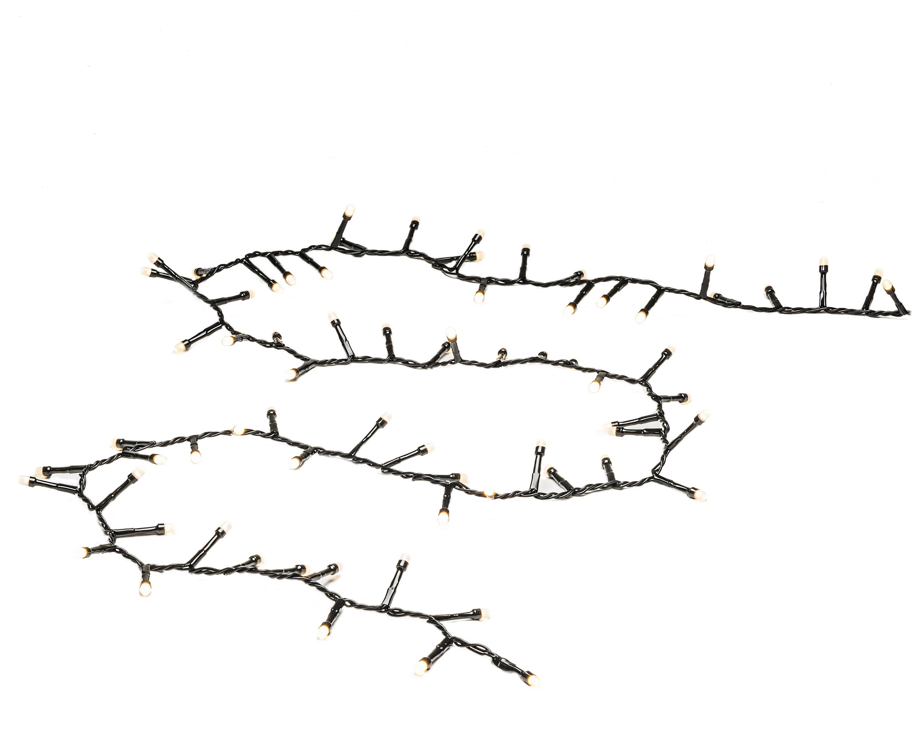 Lichterkette mit kleinen warmweißen Lichtern, unregelmäßig angeordnet, auf weißem Hintergrund. Ideal für Dekoration.