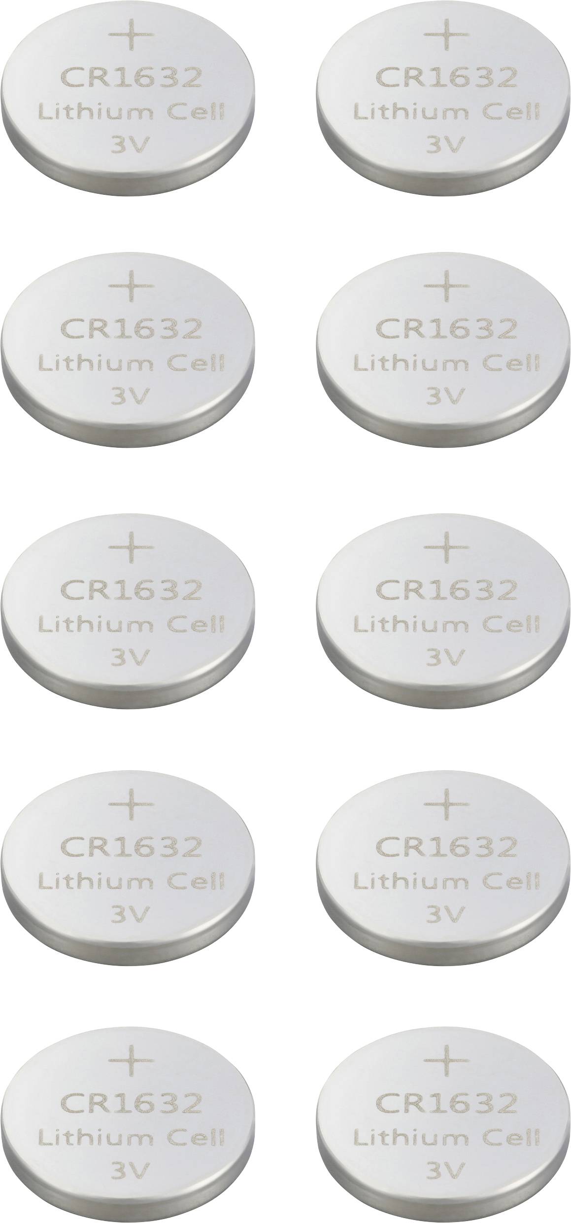 Zehn silberne Knopfzellenbatterien des Typs CR1632, Lithium 3V, in zwei Spalten angeordnet.