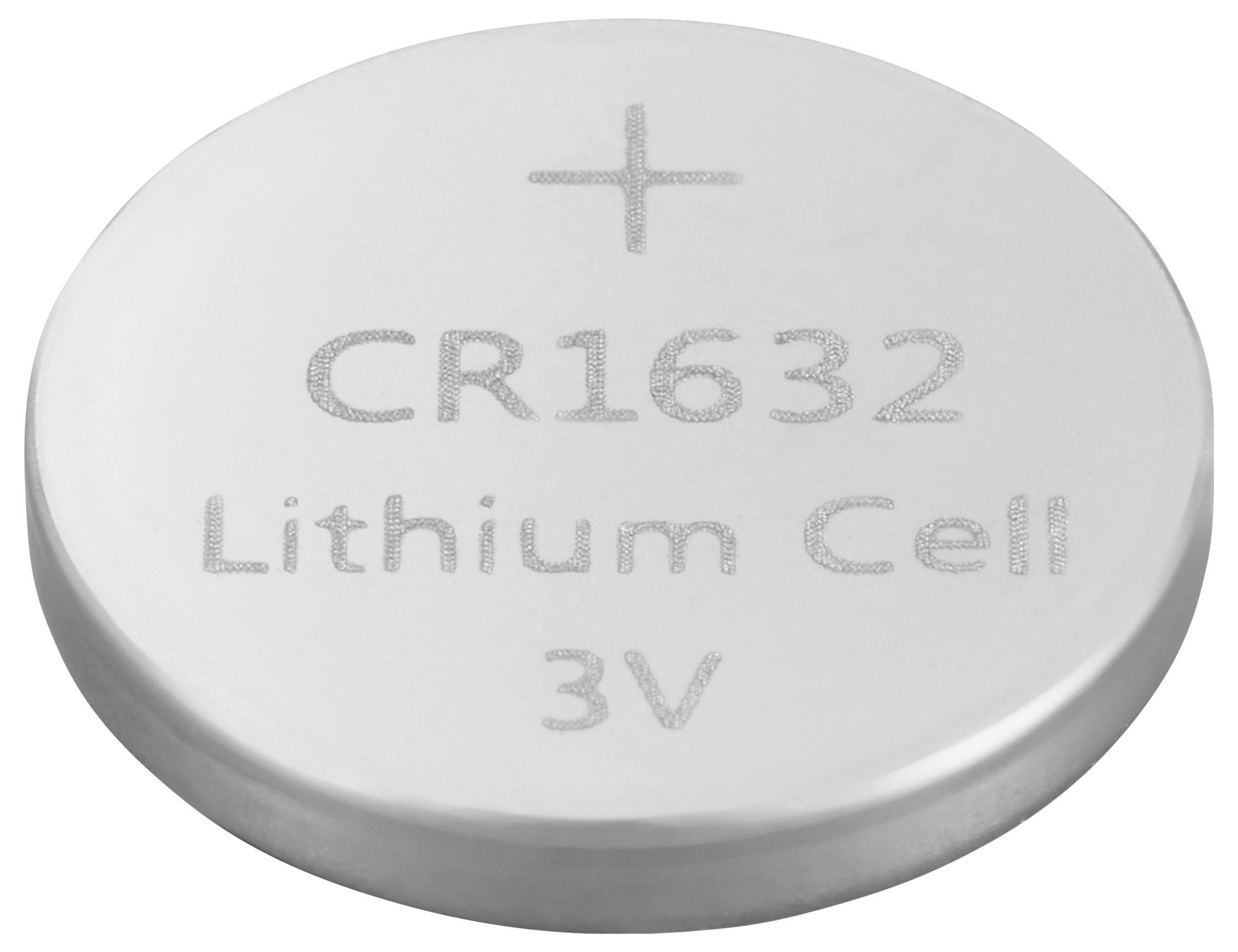 Eine silberne Knopfzelle mit der Aufschrift 'CR1632 Lithium Cell 3V'. Oben ist ein Pluszeichen eingraviert.