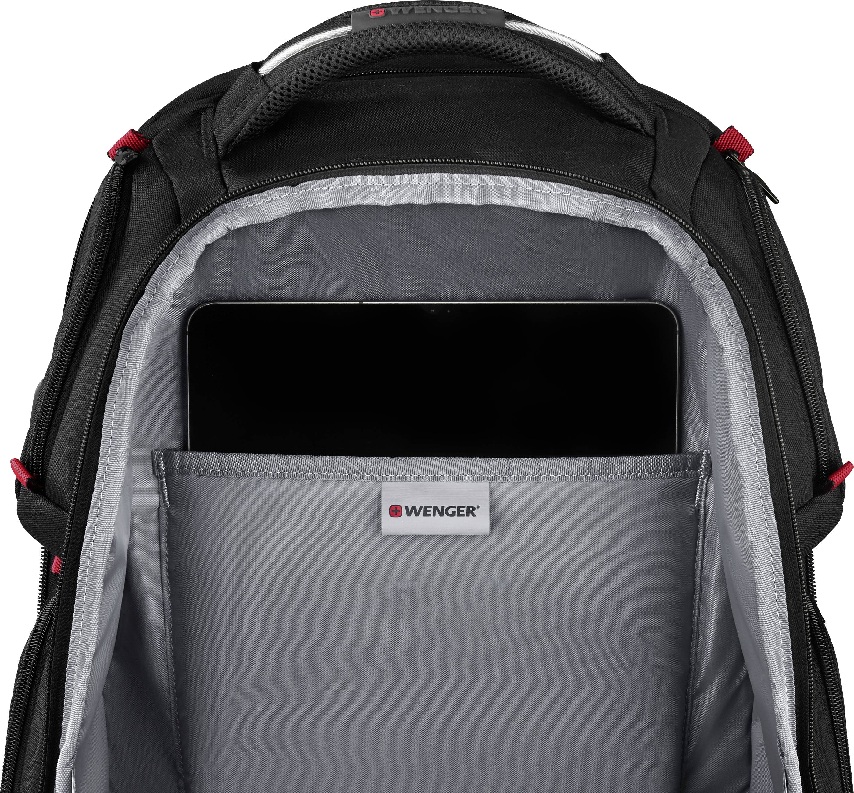Ein geöffneter Rucksack zeigt ein Laptop-Fach mit einem Laptop. Die Innenpolsterung ist grau.