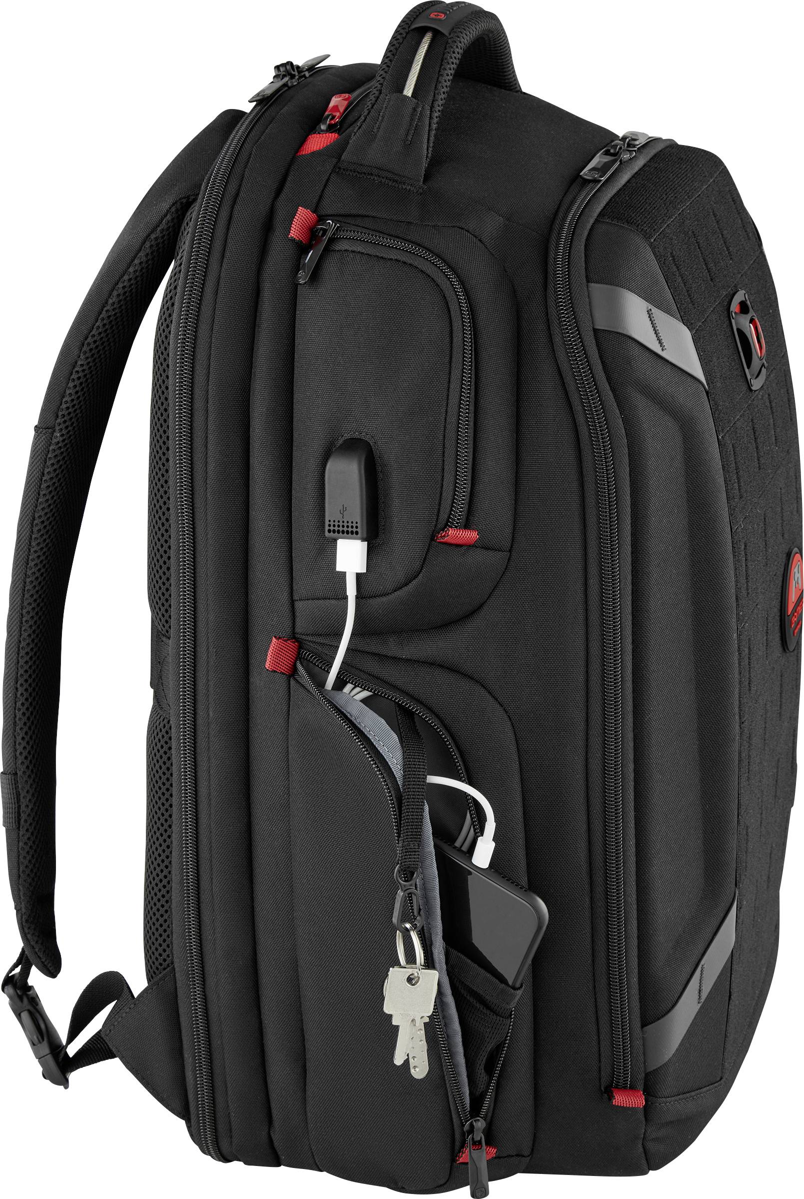 Schwarzer Rucksack mit mehreren Fächern und rotem Akzent. Laptopfach, seitliche Tasche mit Schlüssel und USB-Anschluss zu sehen.