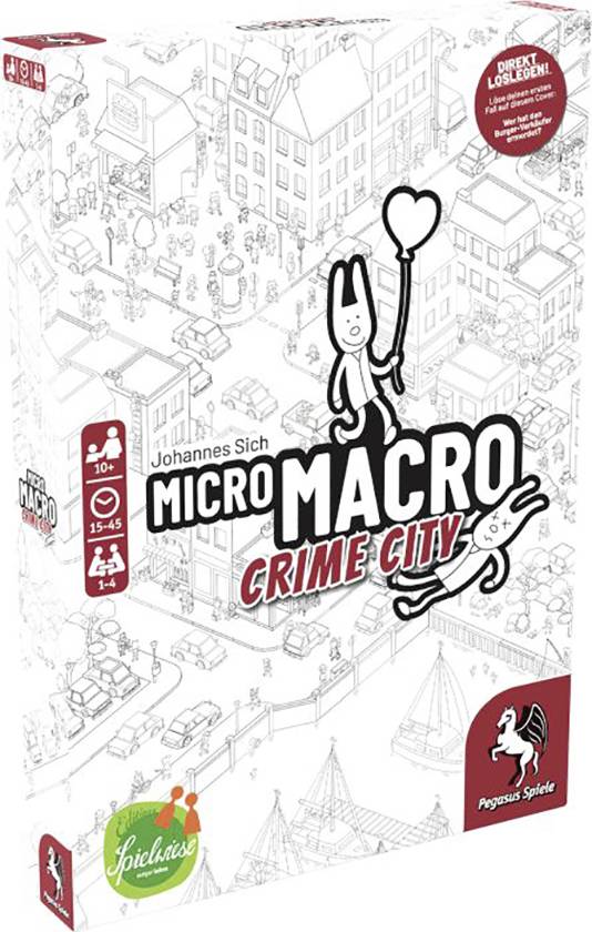'MicroMacro: Crime City' Spielverpackung zeigt gezeichnete Großstadt mit Verbrechensthemen. Ab 10 Jahren, 1-4 Spieler, 15-45 Min.