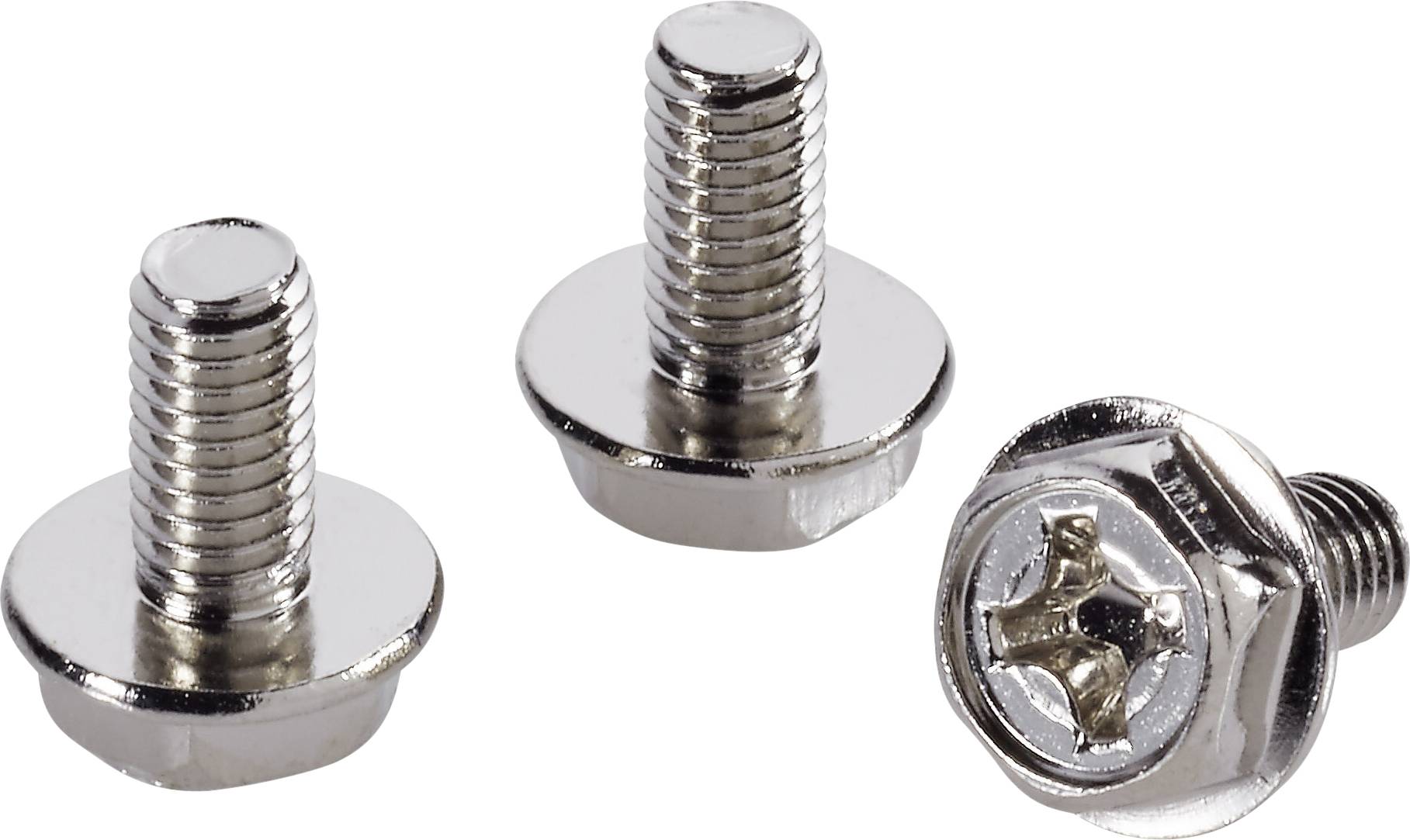 Drei Metallschrauben mit silbernem Gewinde und Sechskantkopf, eine Schraube zeigt die Oberseite des Kopfes, die anderen das Gewinde.