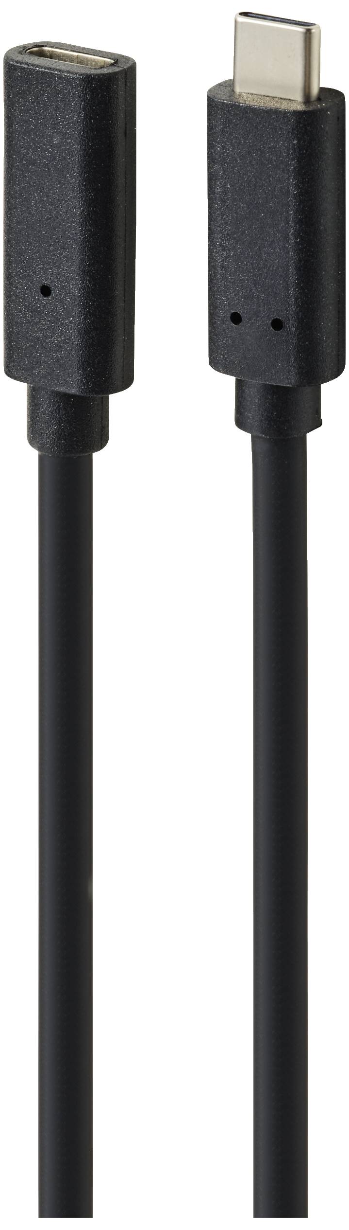 Schwarzes USB-C-auf-USB-C-Kabel mit zwei identischen Anschlüssen, geeignet für Datenübertragung und Laden.