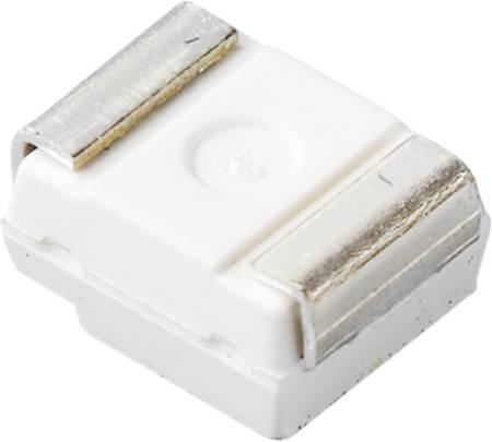Ein weißer oberflächenmontierter SMD-Sicherungsclip mit Metallkontakten an den Seiten, zur Montage auf einer Leiterplatte.