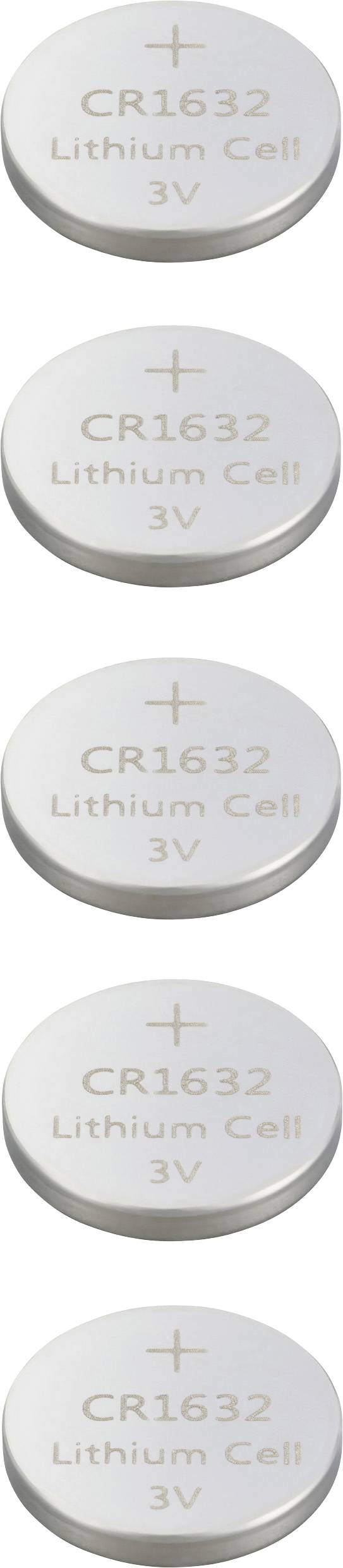 Fünf Knopfzellenbatterien mit der Aufschrift 'CR1632 Lithium Cell 3V', gestapelt in einer vertikalen Reihe.