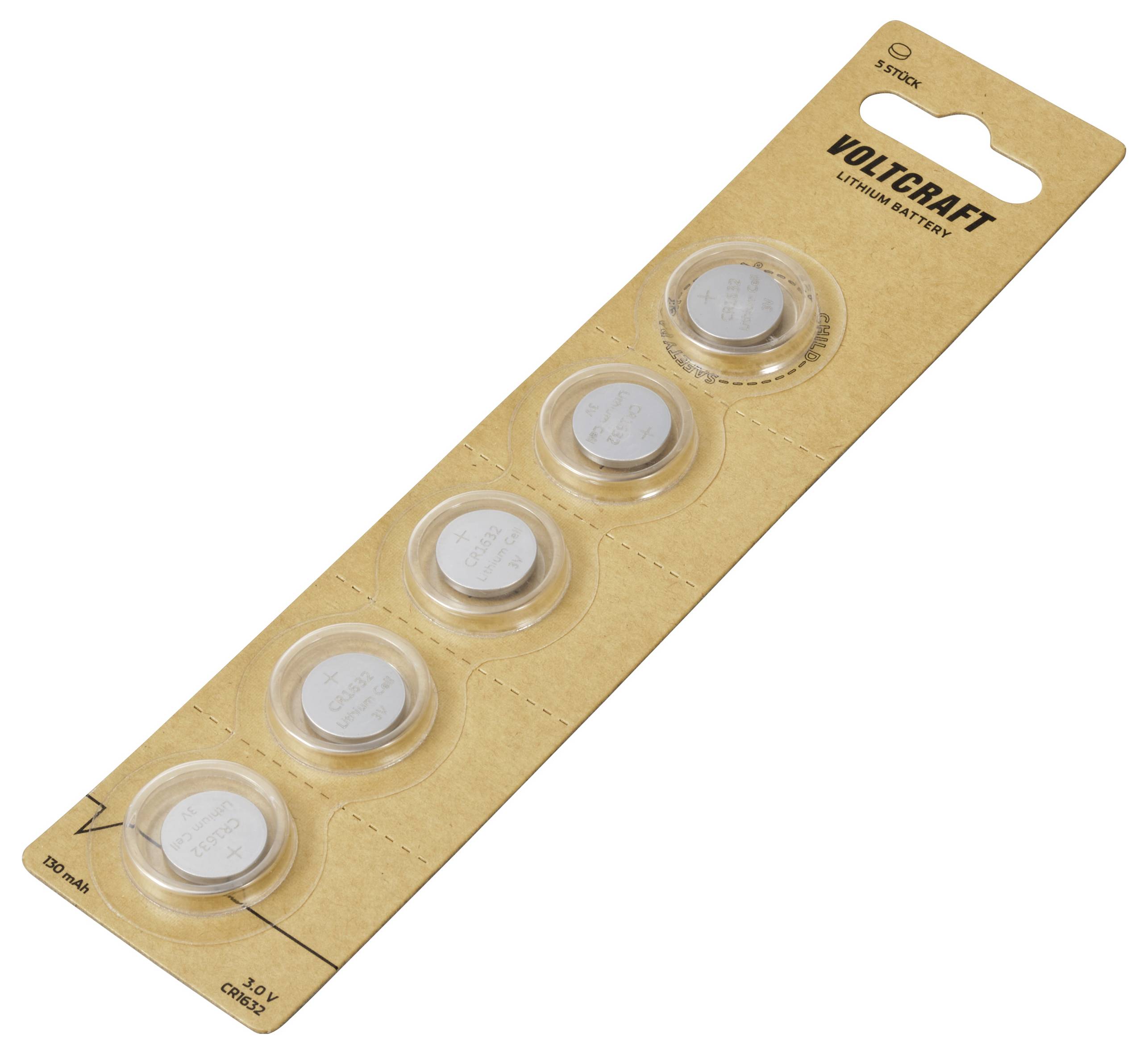 Fünf Lithium-Knopfzellen von Voltcraft auf einem Pappträger, jeweils einzeln in Kunststoffblistern verpackt. Verpackung zeigt Kapazität und Spannung.
