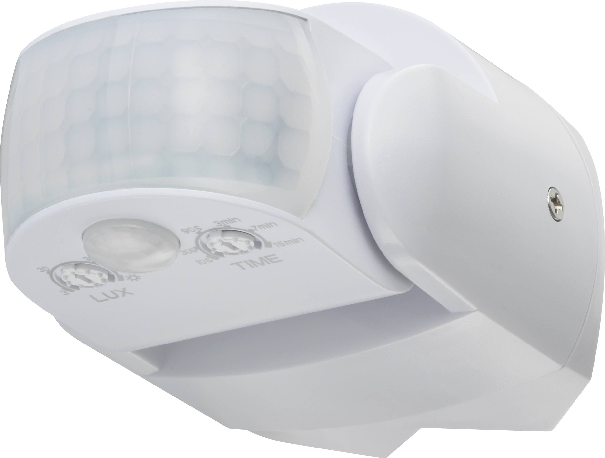 Ein weißer Bewegungsmelder mit zwei Einstellrädern für Licht und Zeit. Ideal zur Erkennung von Bewegung in Innen- oder Außenbereichen.