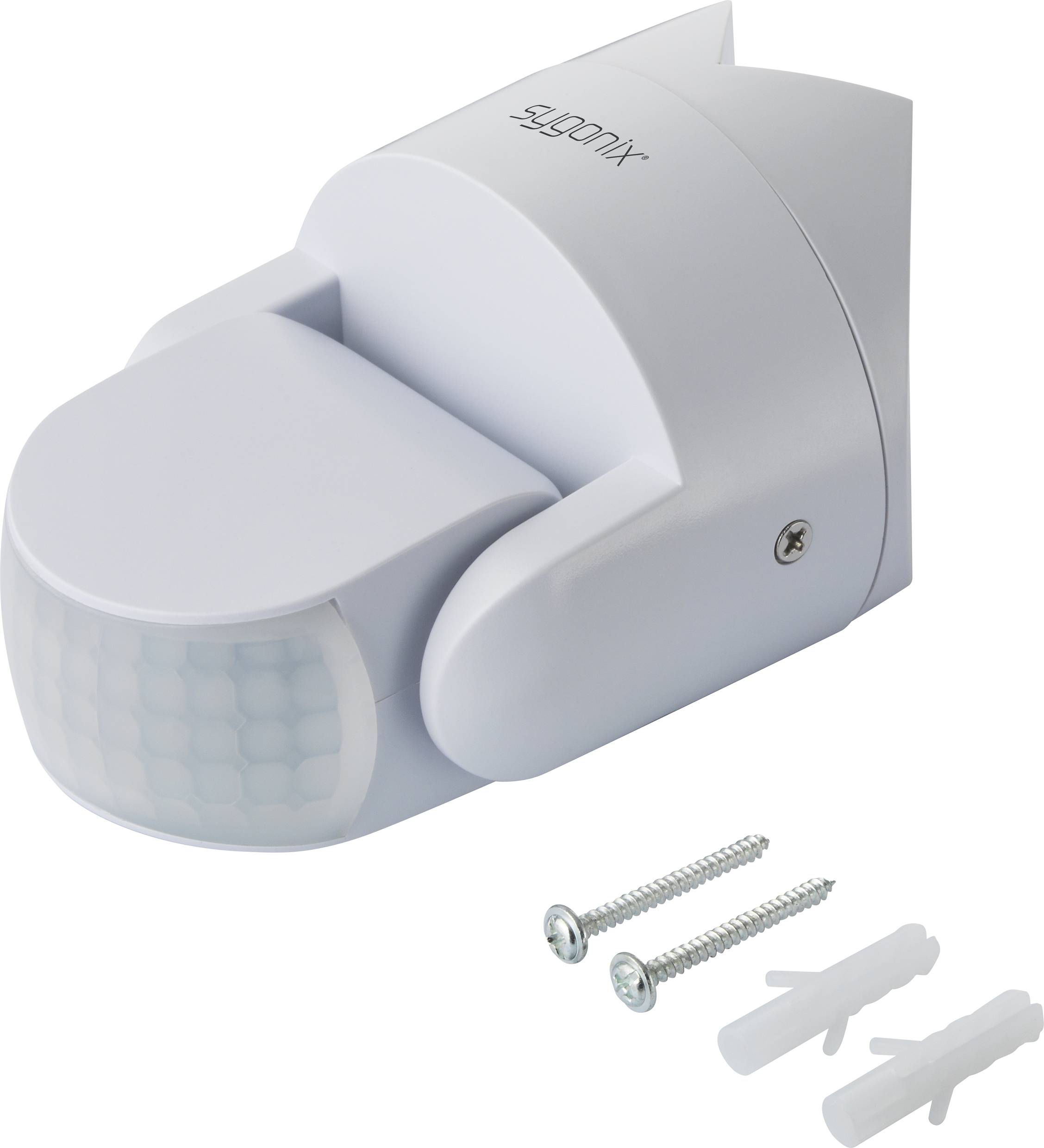 Weiße Bewegungssensorleuchte mit Montagematerialien darunter, bestehend aus zwei Schrauben und Dübeln.