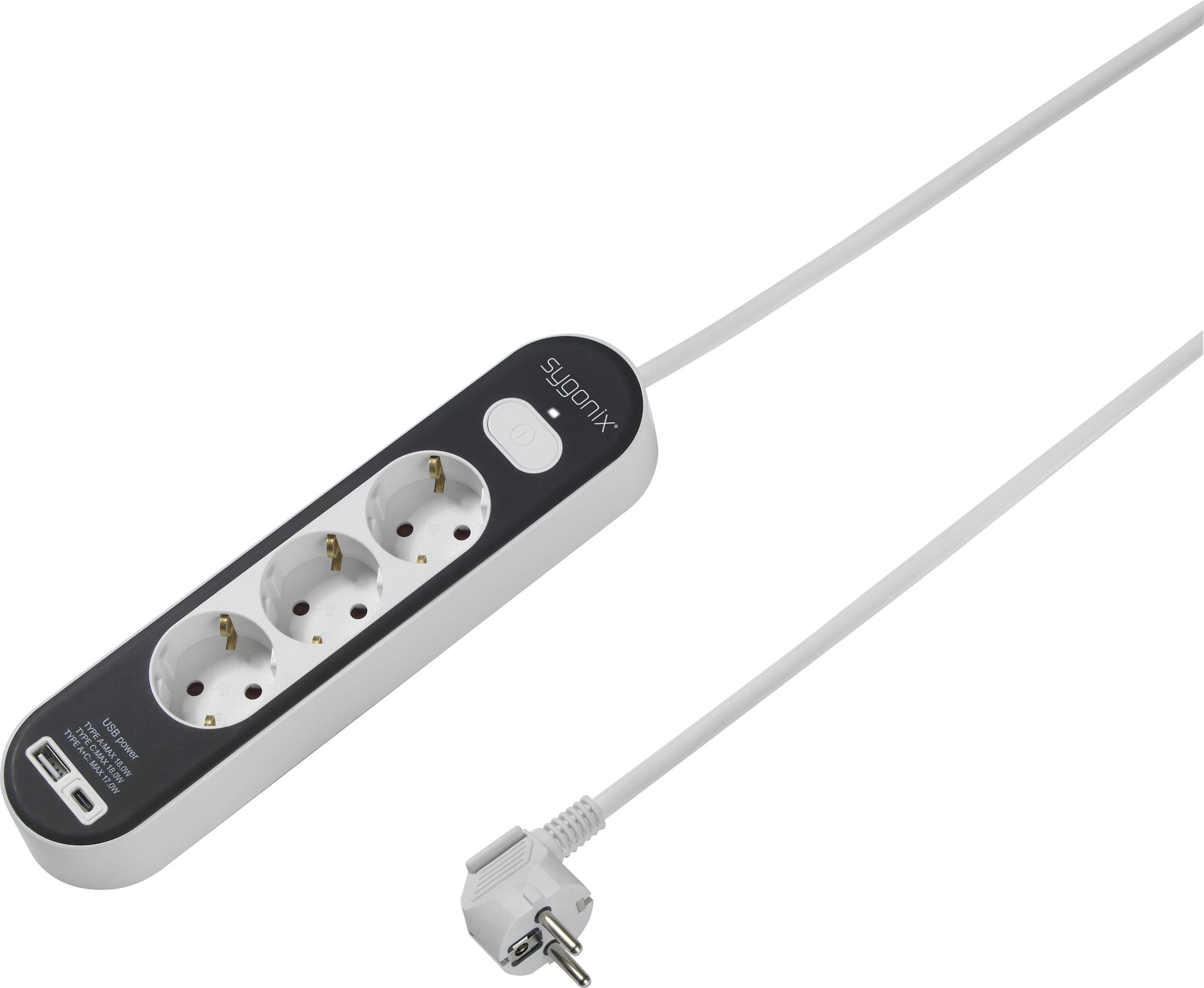 Mehrfachsteckdose mit drei Steckplätzen, einem USB-Anschluss und langem Kabel. Ideal für den Einsatz in Haushalten und Büros.