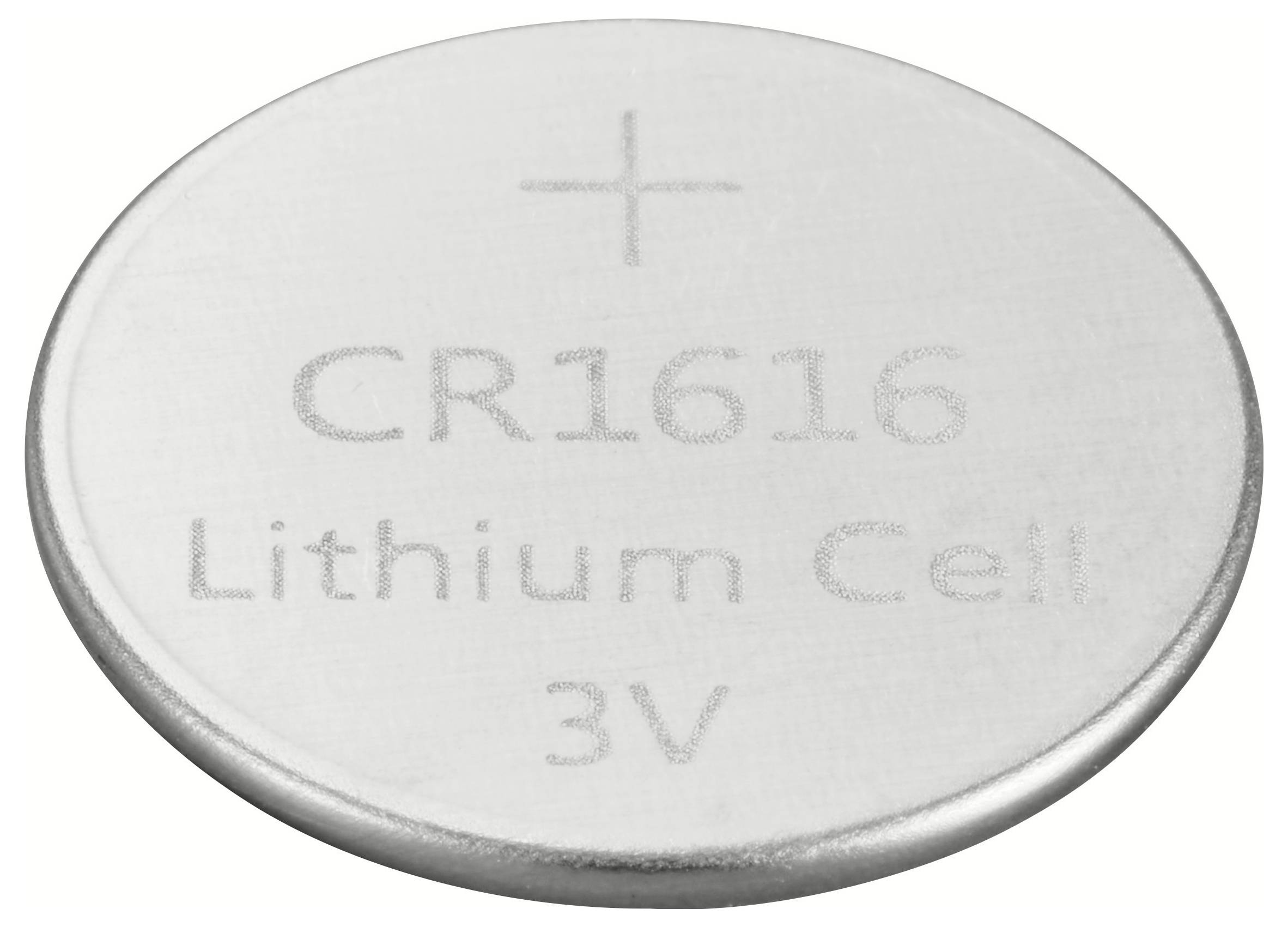Lithium-Knopfzelle CR1616, 3V, mit Pluspol-Zeichen auf der Oberseite.