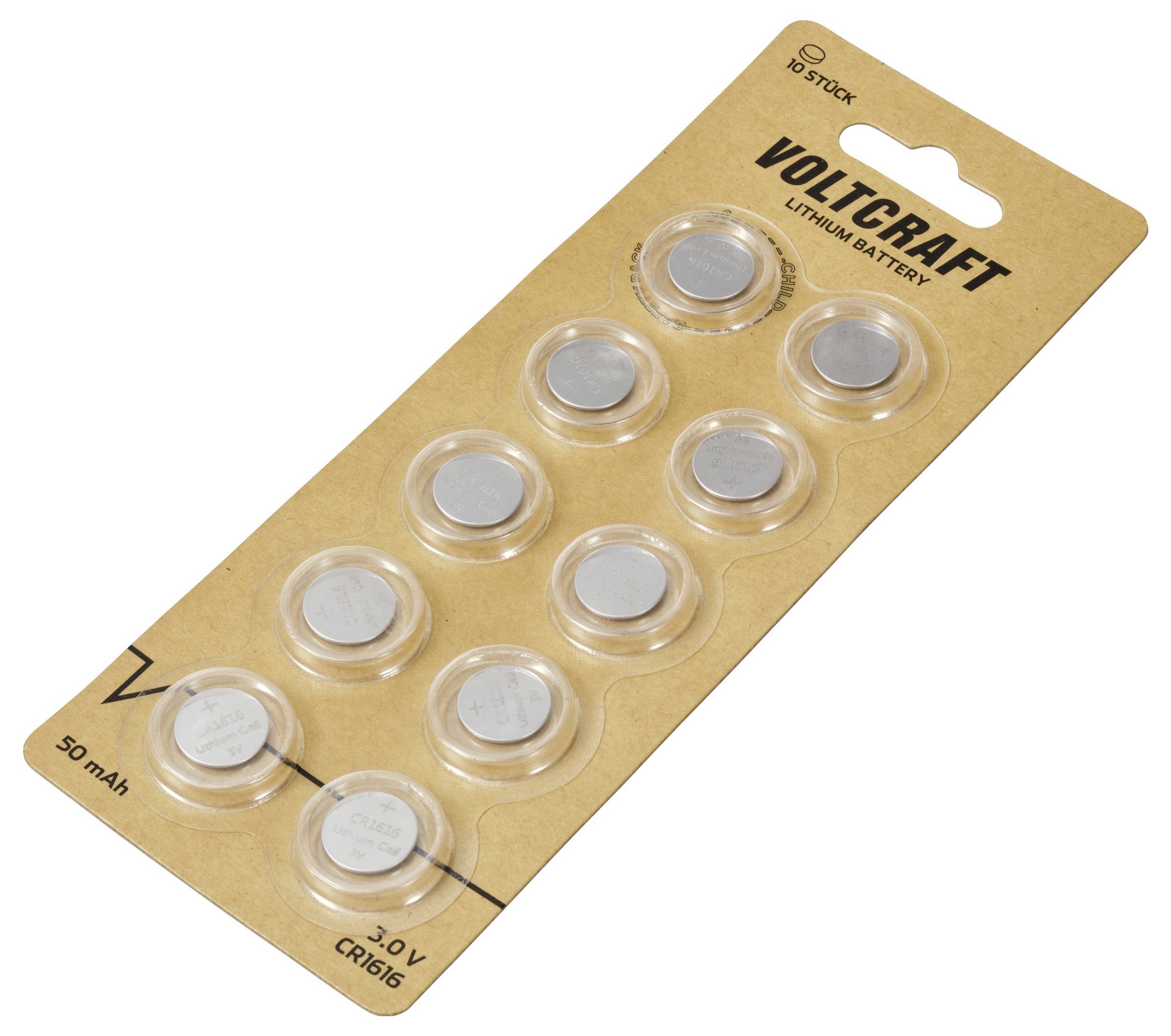 'Voltcraft' Lithium-Knopfzellenbatterien, 10 Stück, CR1616, 3V, 50mAh, auf Kartonblister verpackt.