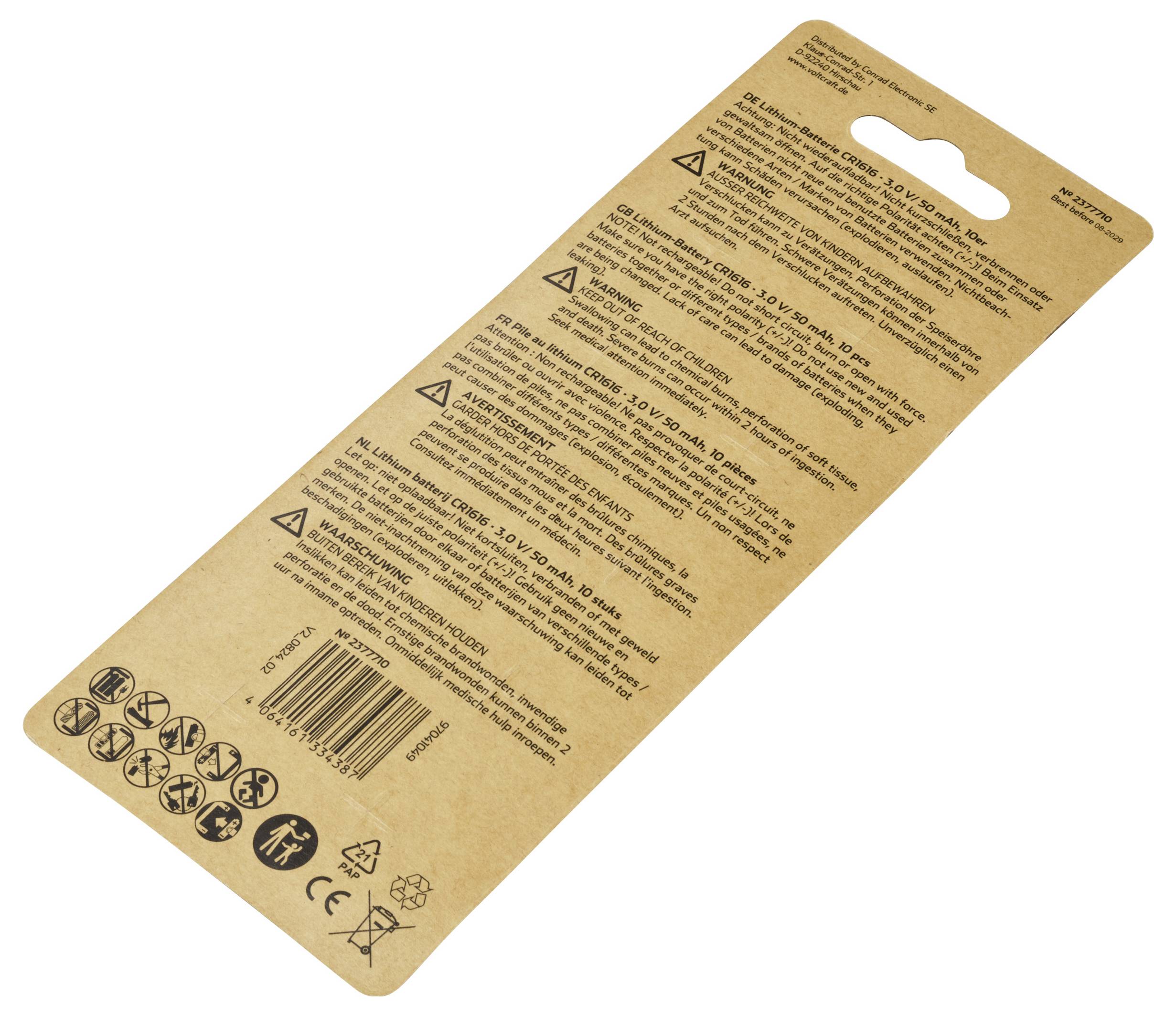 Rückseite einer Produktverpackung aus Pappe mit Gebrauchsanweisungen, Warnhinweisen und Recyclingsymbolen. Enthält einen Barcode.