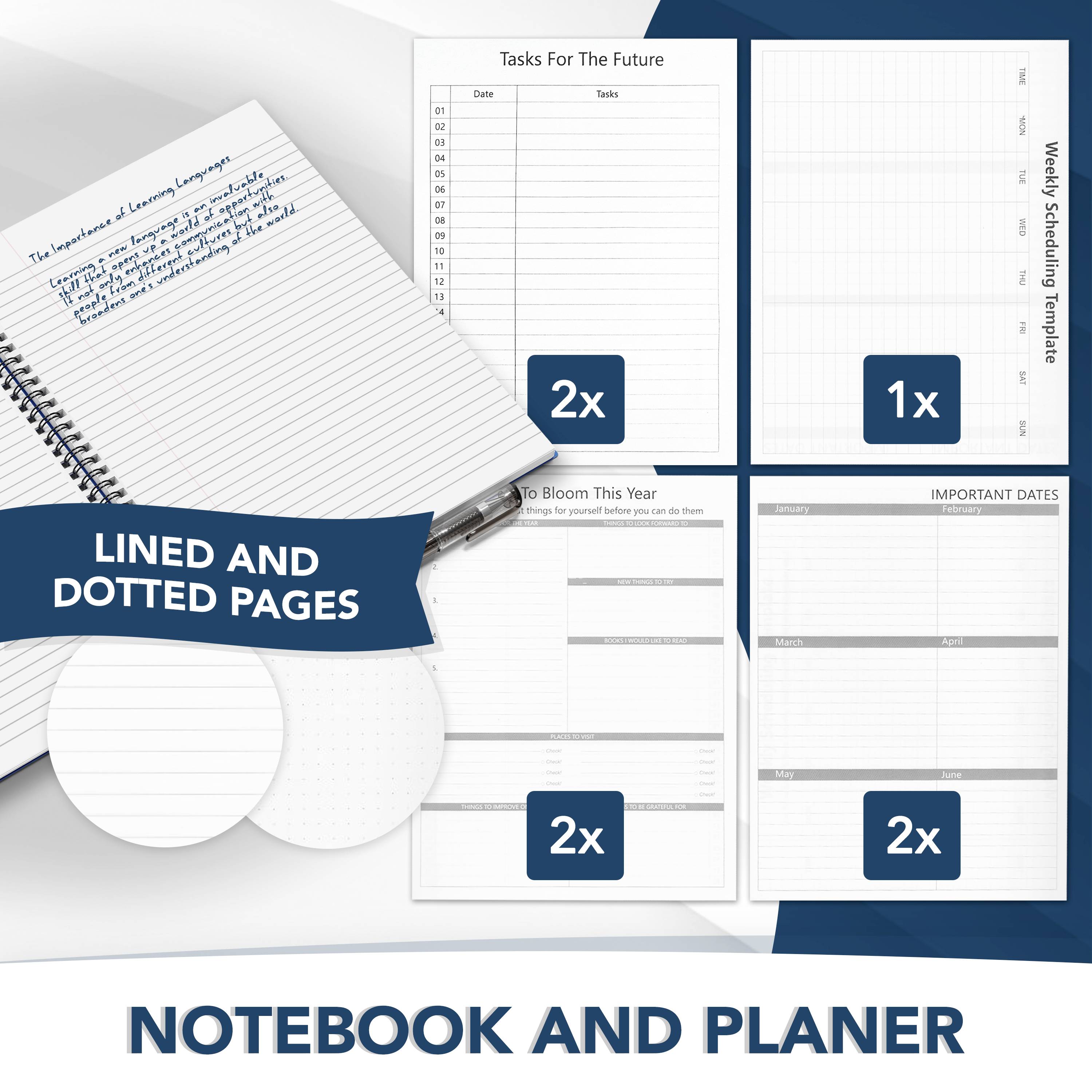 Notizbuch- und Planer-Set mit linierten und gepunkteten Seiten, Aufgabenlisten, Planungsvorlagen und Abschnitten für wichtige Termine in verschiedenen Mengen.