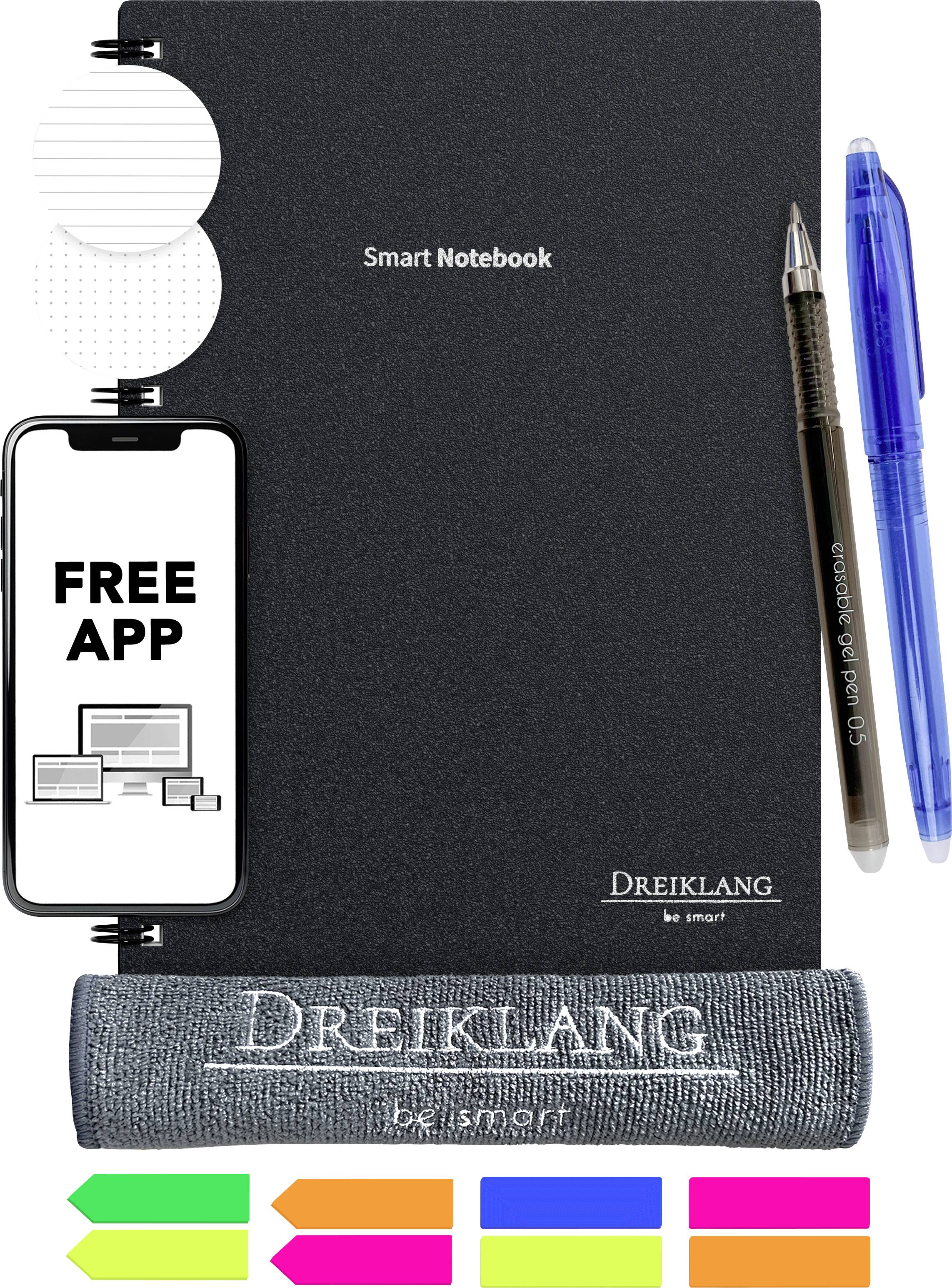 Ein 'Smart Notebook' mit schwarzem Einband und Zubehör, darunter ein Stift, Textmarker, ein 'DREIKLANG' Handtuch und eine Notiz über eine kostenlose App.