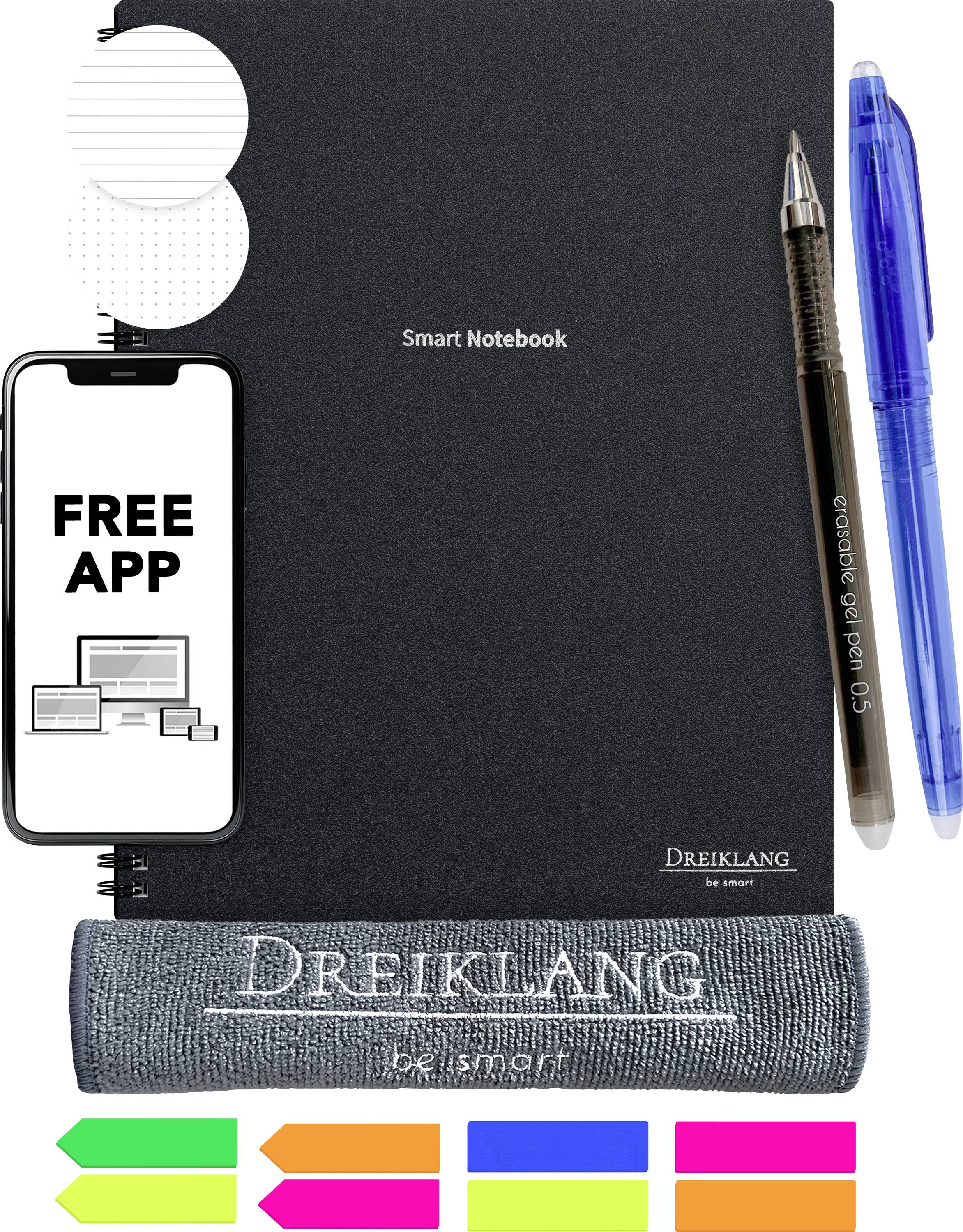 Ein intelligentes Notizbuch-Set bestehend aus einem schwarzen Notizbuch, zwei Stiften, einem Smartphone mit der Anzeige 'KOSTENLOSE APP', einem Reinigungstuch und farbigen Haftnotizen.