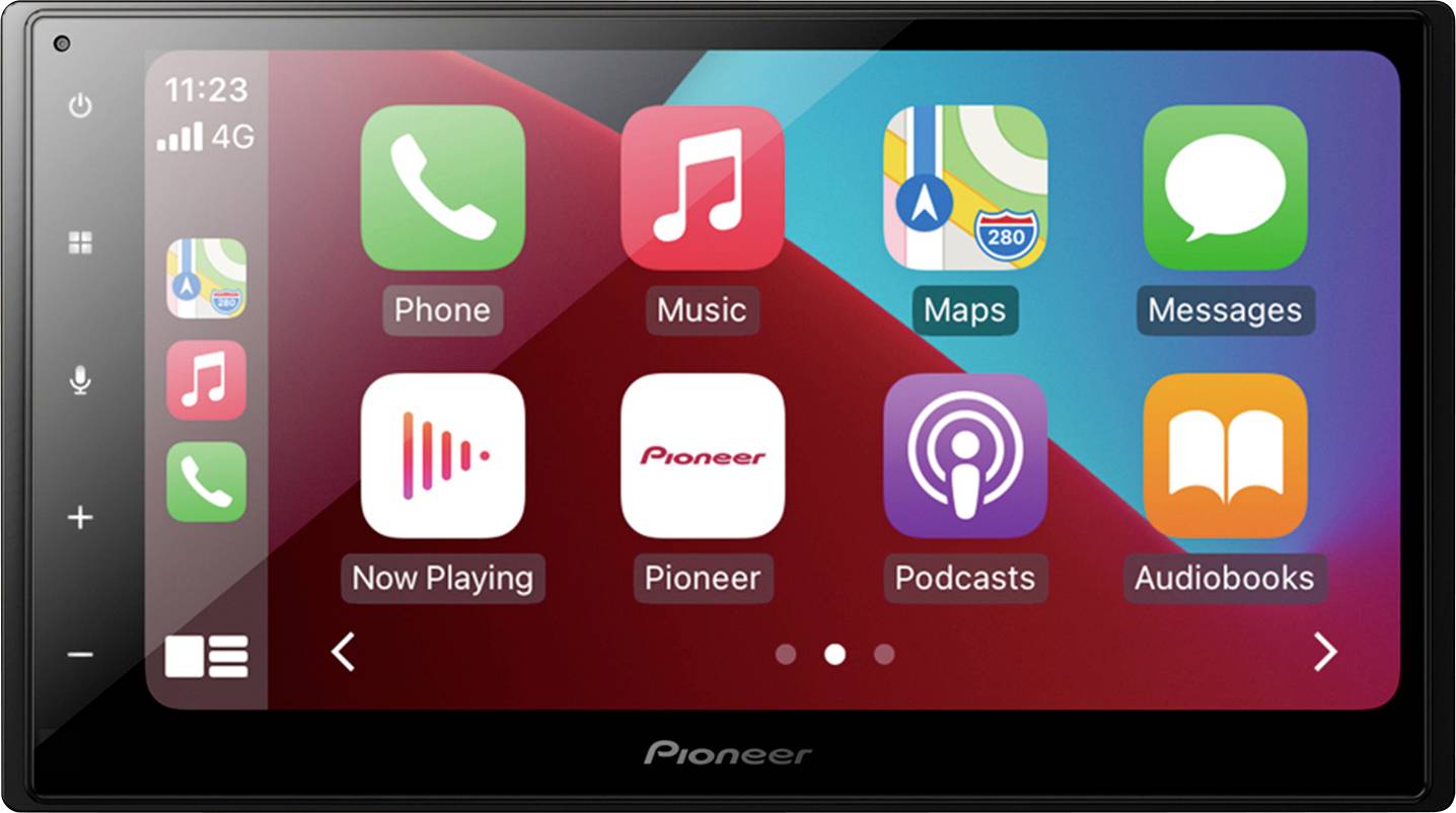 Auto-Infotainmentsystem mit Apps für Telefon, Musik, Karten, Nachrichten, Podcasts und Hörbücher. Uhrzeit 11:23, 4G-Verbindung.