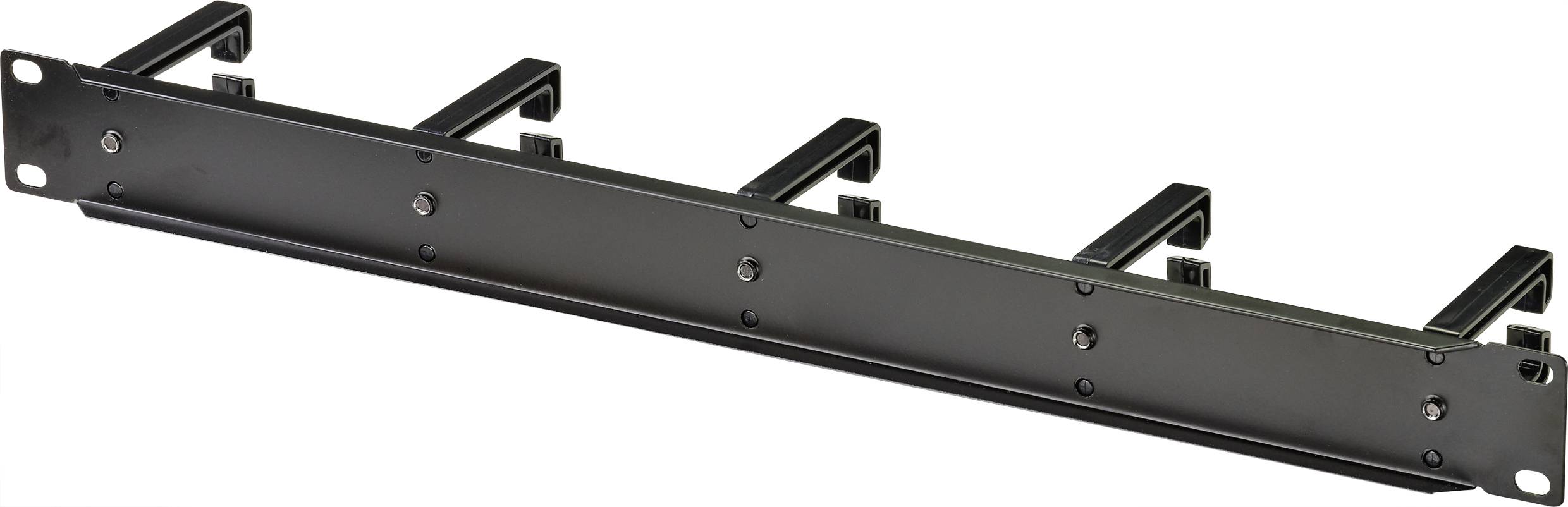 Ein schwarzer Kabelmanager für ein Rack, horizontal montierbar, mit mehreren Haken zur Organisation von Kabeln.