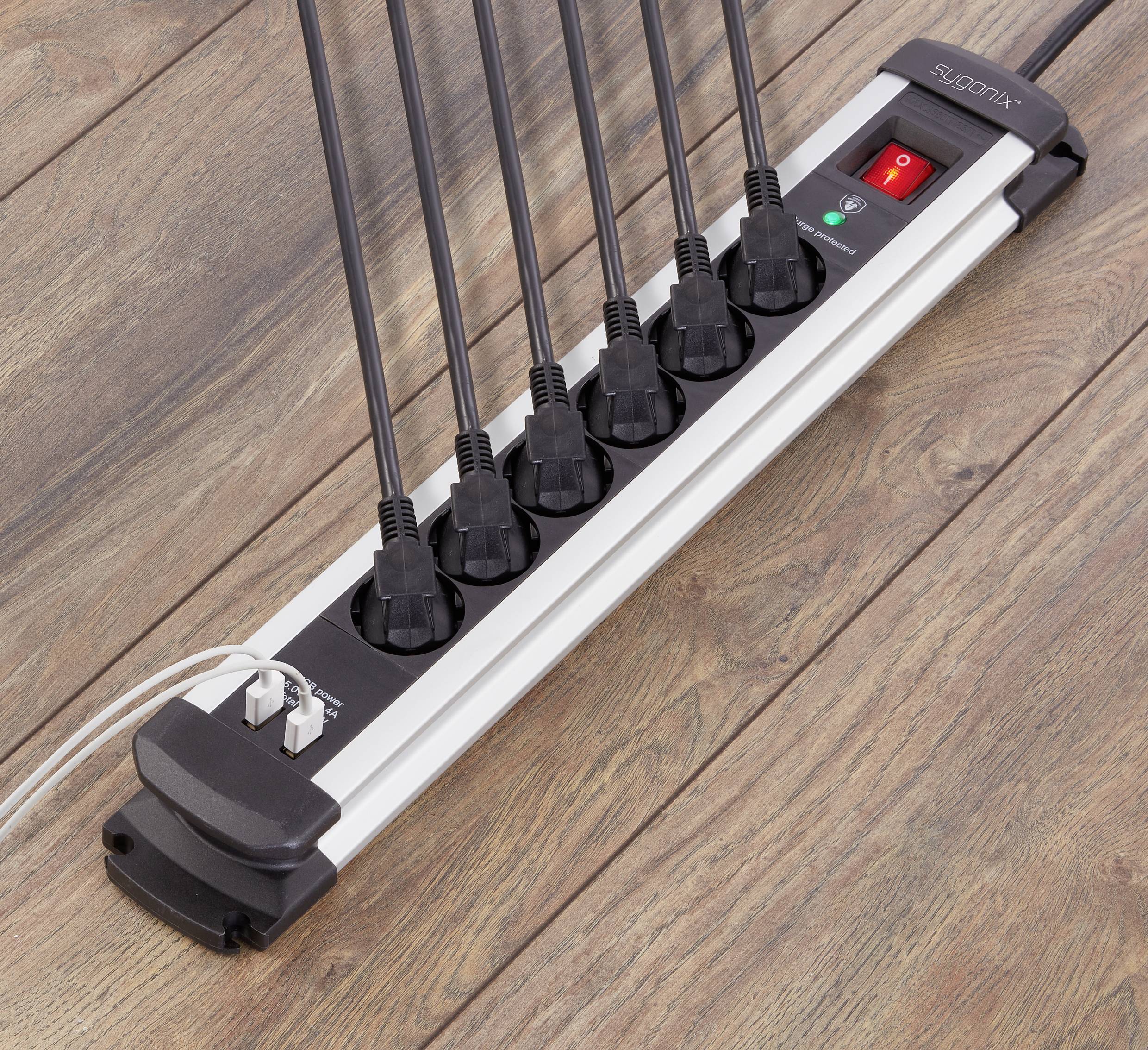 Sygonix SY-4755604 Überspannungsschutz-Steckdosenleiste 6fach Silber, Schwarz 1St.