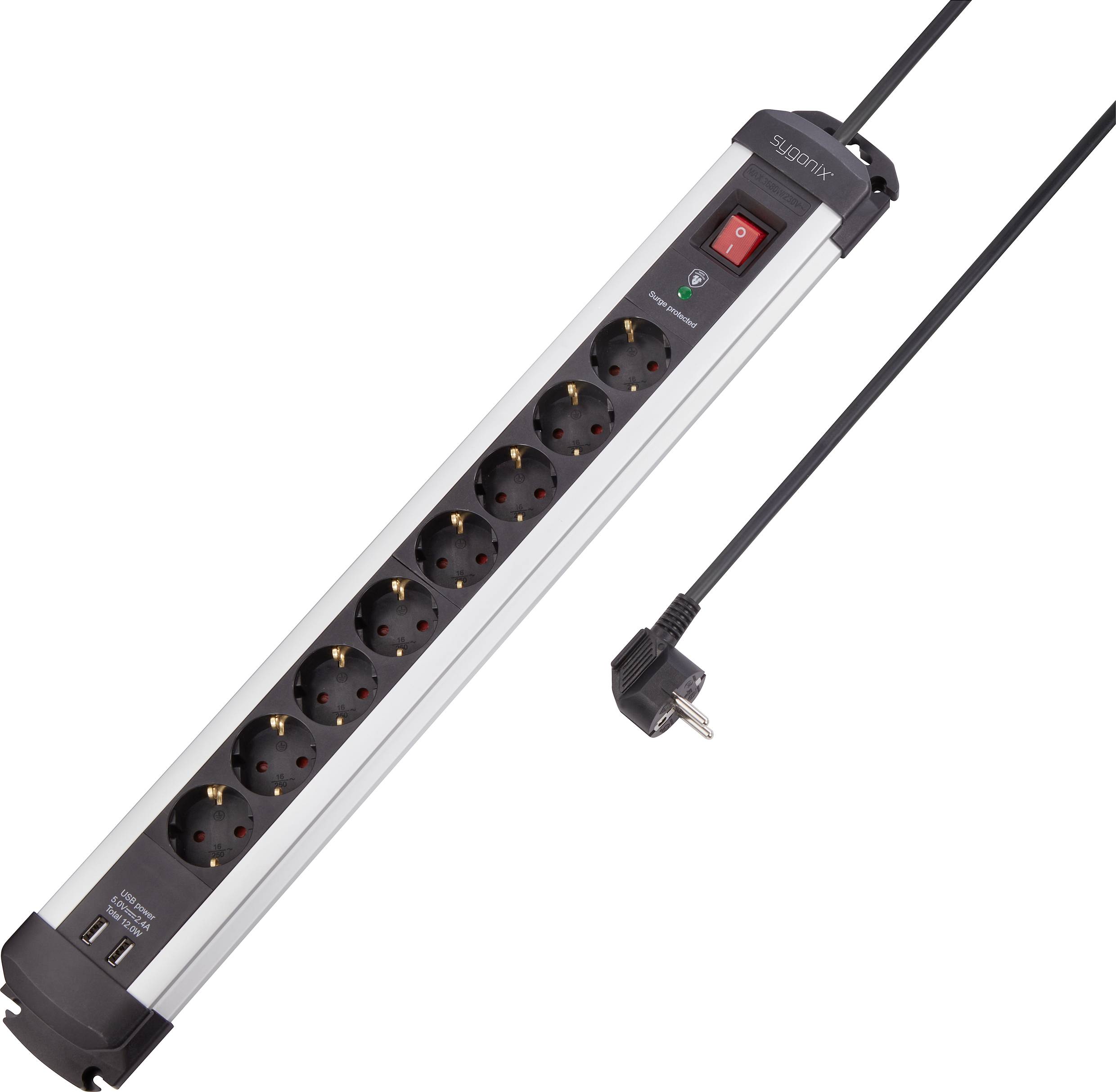 Sygonix SY-4755606 Überspannungsschutz-Steckdosenleiste 8fach Silber, Schwarz 1St.