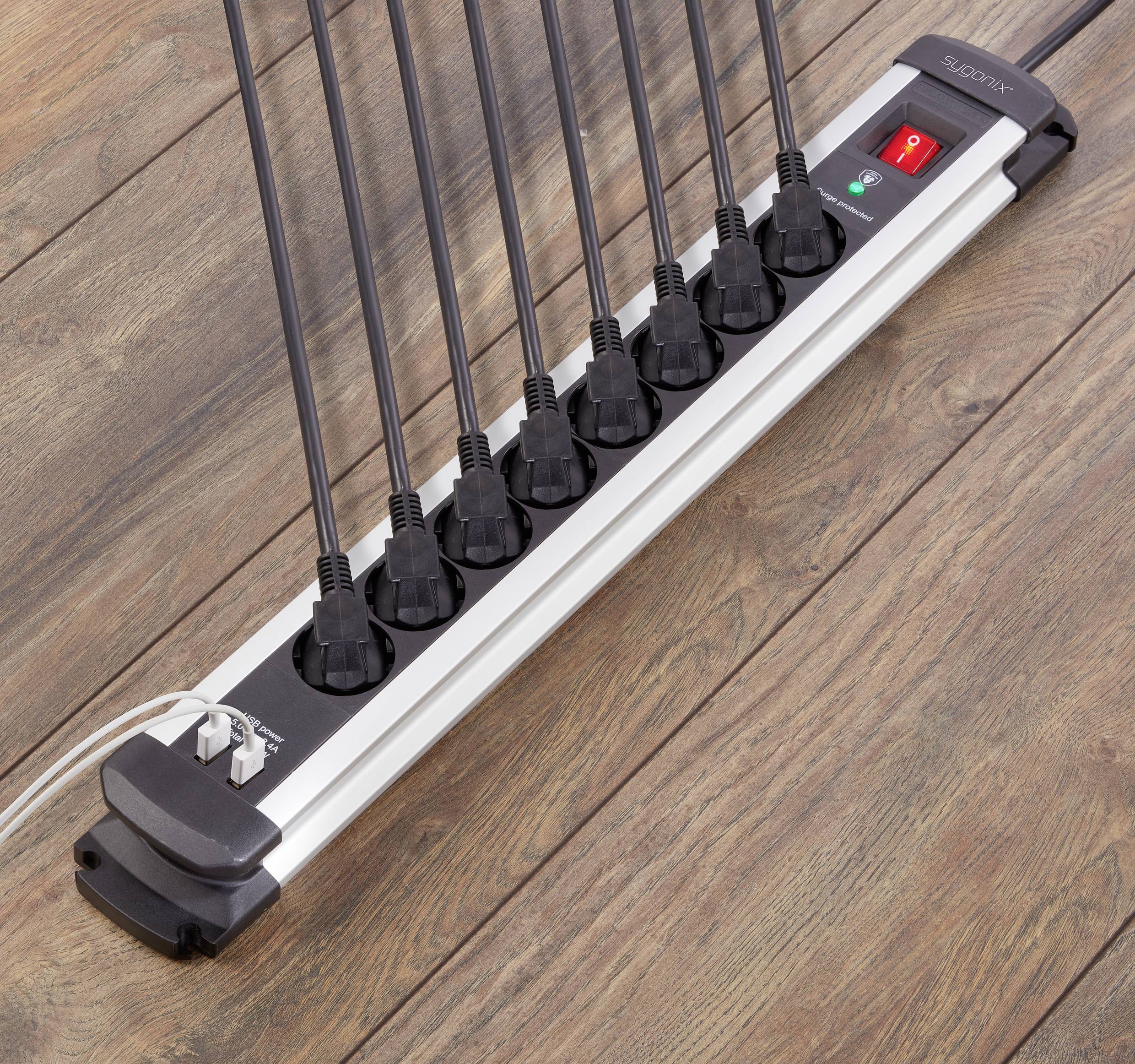 Sygonix SY-4755606 Überspannungsschutz-Steckdosenleiste 8fach Silber, Schwarz 1St.