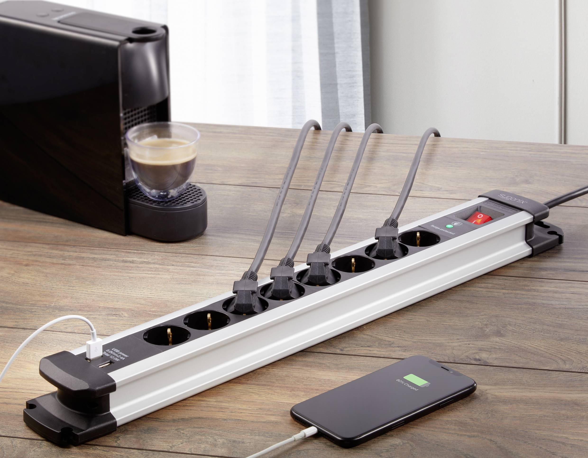 Sygonix SY-4755606 Überspannungsschutz-Steckdosenleiste 8fach Silber, Schwarz 1St.