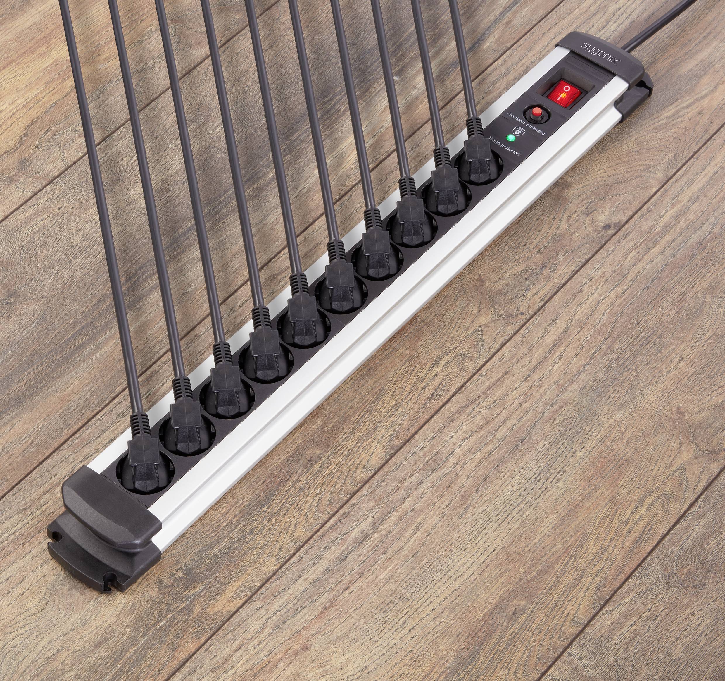 Sygonix SY-4755616 Überspannungsschutz-Steckdosenleiste 10fach Silber, Schwarz Schutzkontakt 1St.