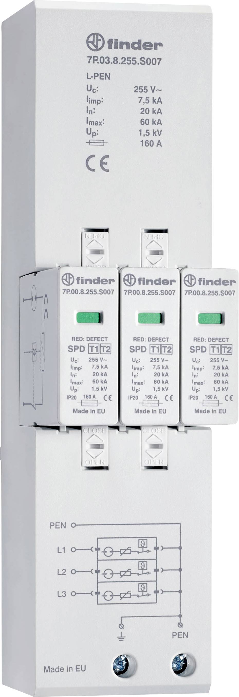 Ein modularer Überspannungsschutz (SPD) mit grünen Statusanzeigen, geeignet für Spannungen bis zu 255 V und Ströme bis zu 160 A.