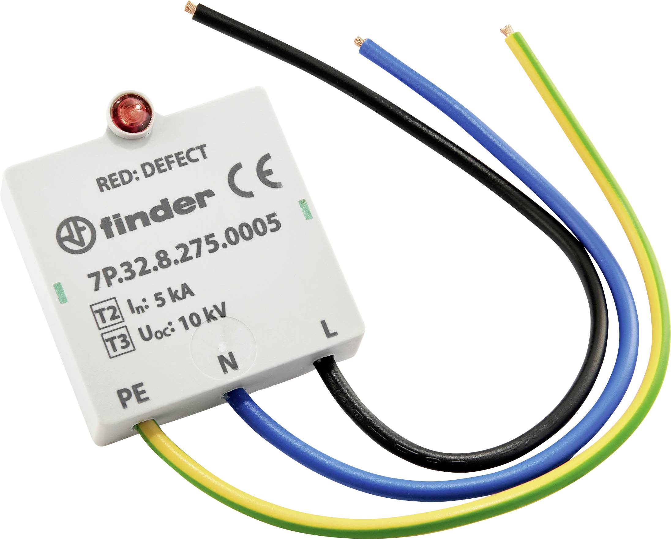 Ein Überspannungsschutzgerät von Finder mit drei farbigen Drähten (blau, gelb/grün, schwarz) und Beschriftung 'RED: DEFECT'.