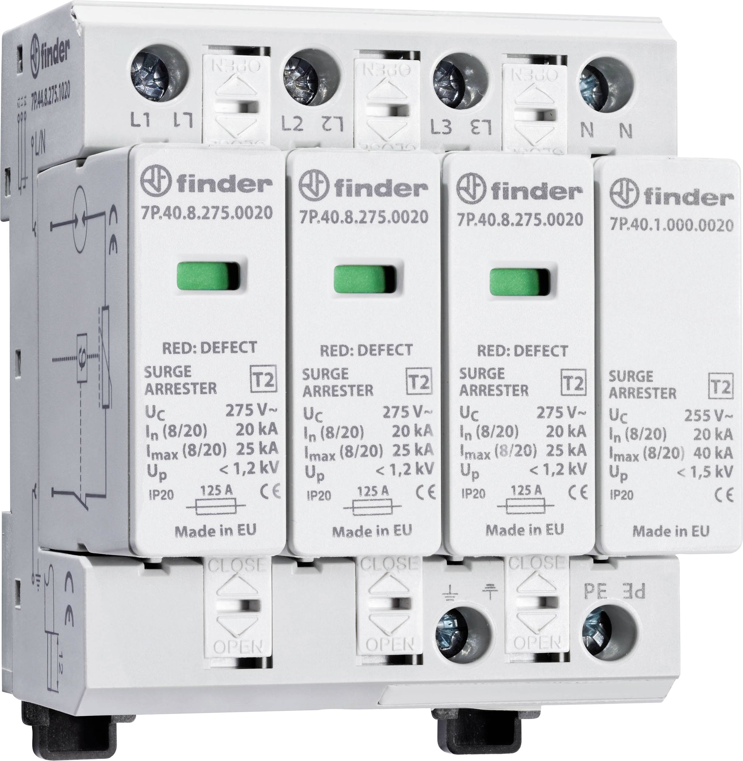 Überspannungsschutzgeräte mit mehreren Einheiten, jede markiert mit technischen Spezifikationen wie Spannung und Stromstärke.