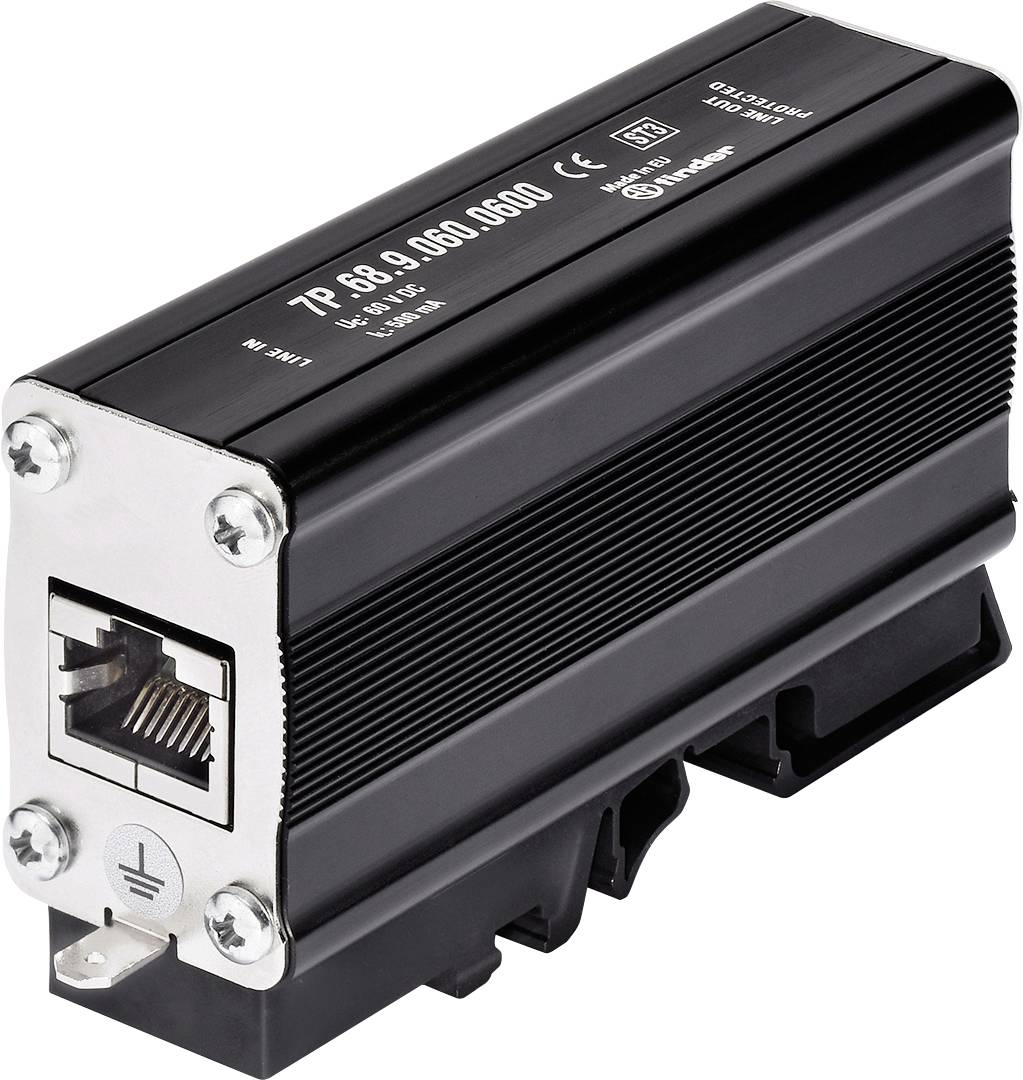 Schwarze Überspannungsschutzbox mit Ethernet-Anschluss und Erdungssymbol. Modellnummer '7P 68.0.960.0600', Marke Phoenix Contact.