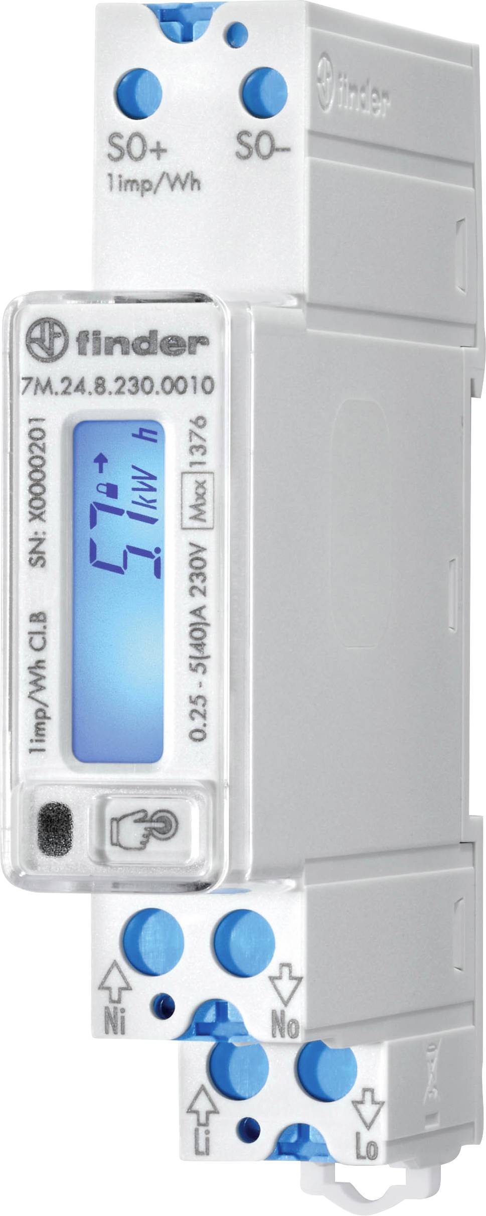 Ein digitales Stromzählergerät zeigt '51 kWh' auf einem blauen Display an. Der Zähler ist in einem schmalen weißen Gehäuse integriert.
