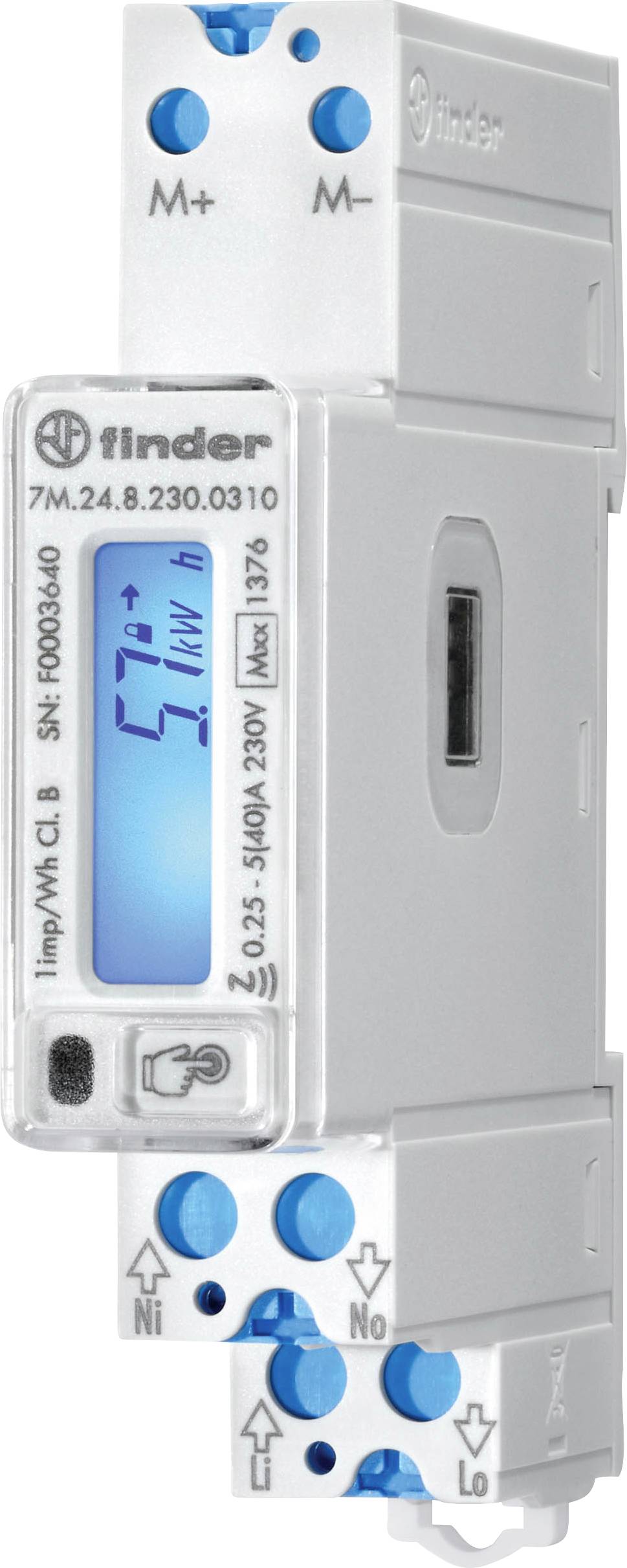Ein weißer elektrischer Zähler von Finder mit blauem Display, das '57 kWh' anzeigt. Er hat blaue Knöpfe und Anschlüsse.