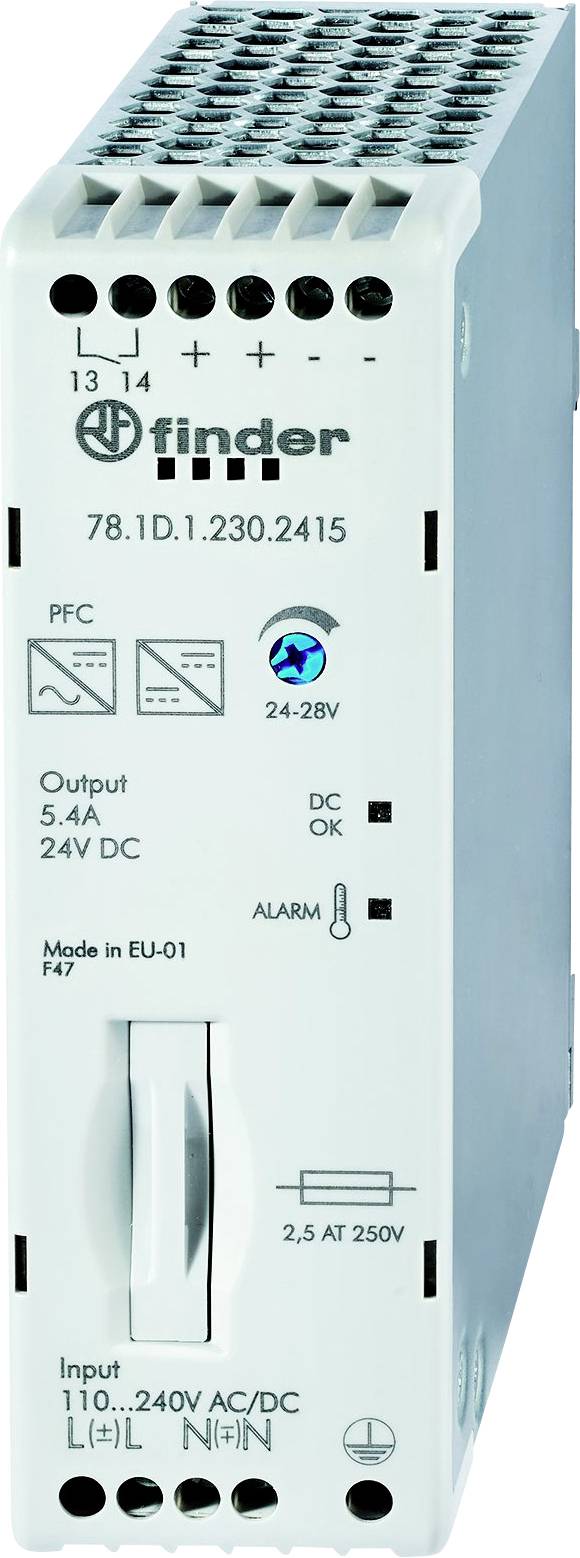 Industrienetzteil mit blauer Vorderseite, Aufdruck 'Finder 78.1D.1.230.2415', Eingang 110-240V AC/DC, Ausgang 24V DC, 5-4A.