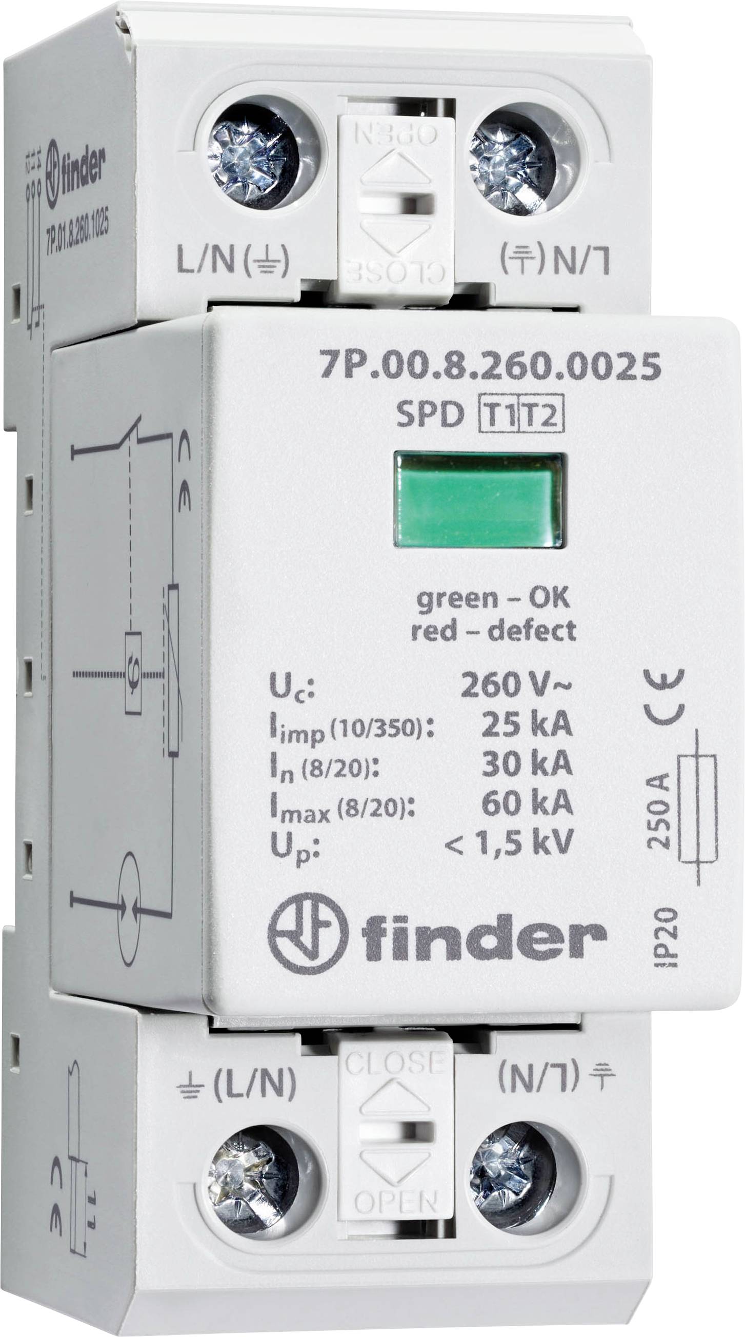 Überspannungsschutzgerät mit grüner und roter LED-Anzeige zur Statuskontrolle. Markierungen: 'green - OK', 'red - defect'.