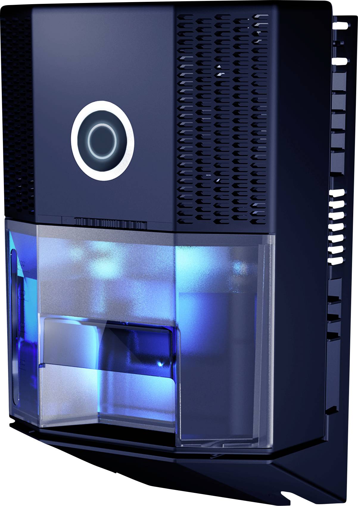 Schwarzer, rechteckiger elektronischer Wasserreiniger mit blauer Beleuchtung und einem zentralen, kreisförmigen Bedienfeld oben.