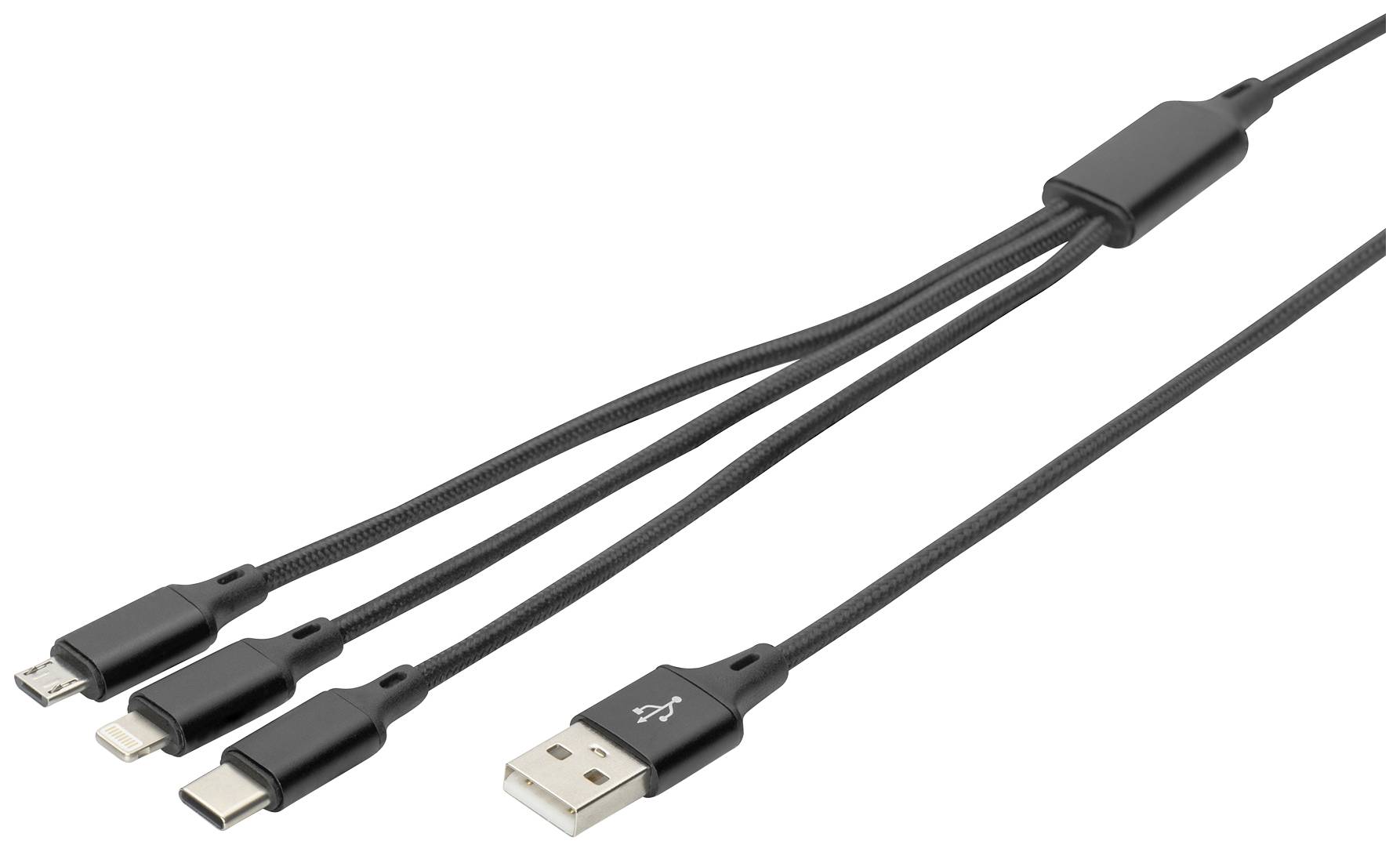 Ein schwarzes USB-Kabel teilt sich in drei Enden: USB-C, Micro-USB und Lightning-Anschluss, geeignet für verschiedene Geräte.